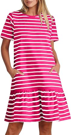 MITILLY Womens Casual Summer Striped T Shirt Dress with Pockets