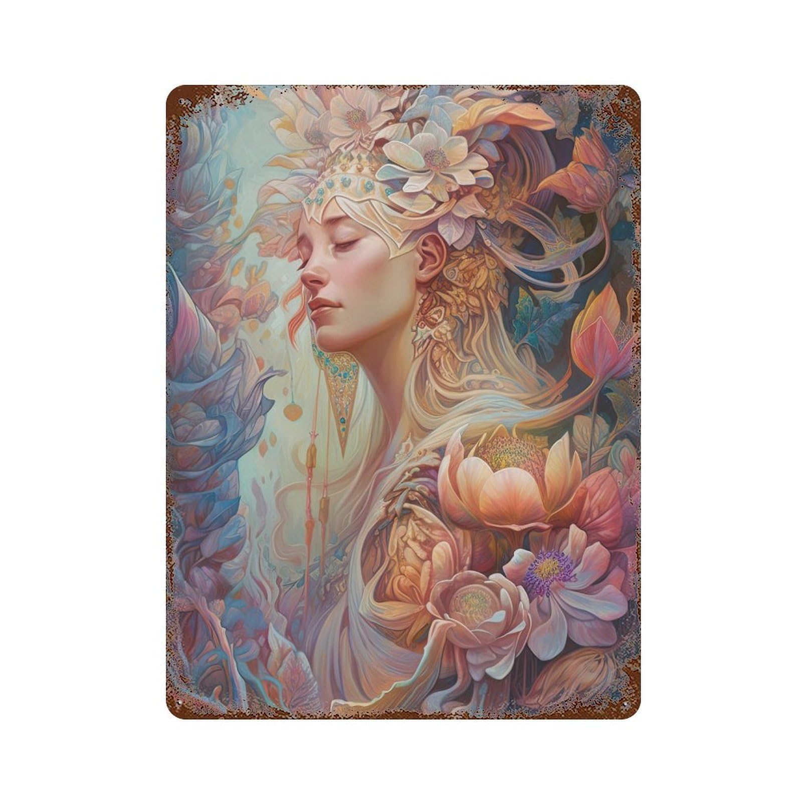 Fantasy Floral Goddess Artwork Rustic Tin Plaque 15.7"x11.8", for Pub, Kitchen And Man Cave Decor, Vintage Wall Decor