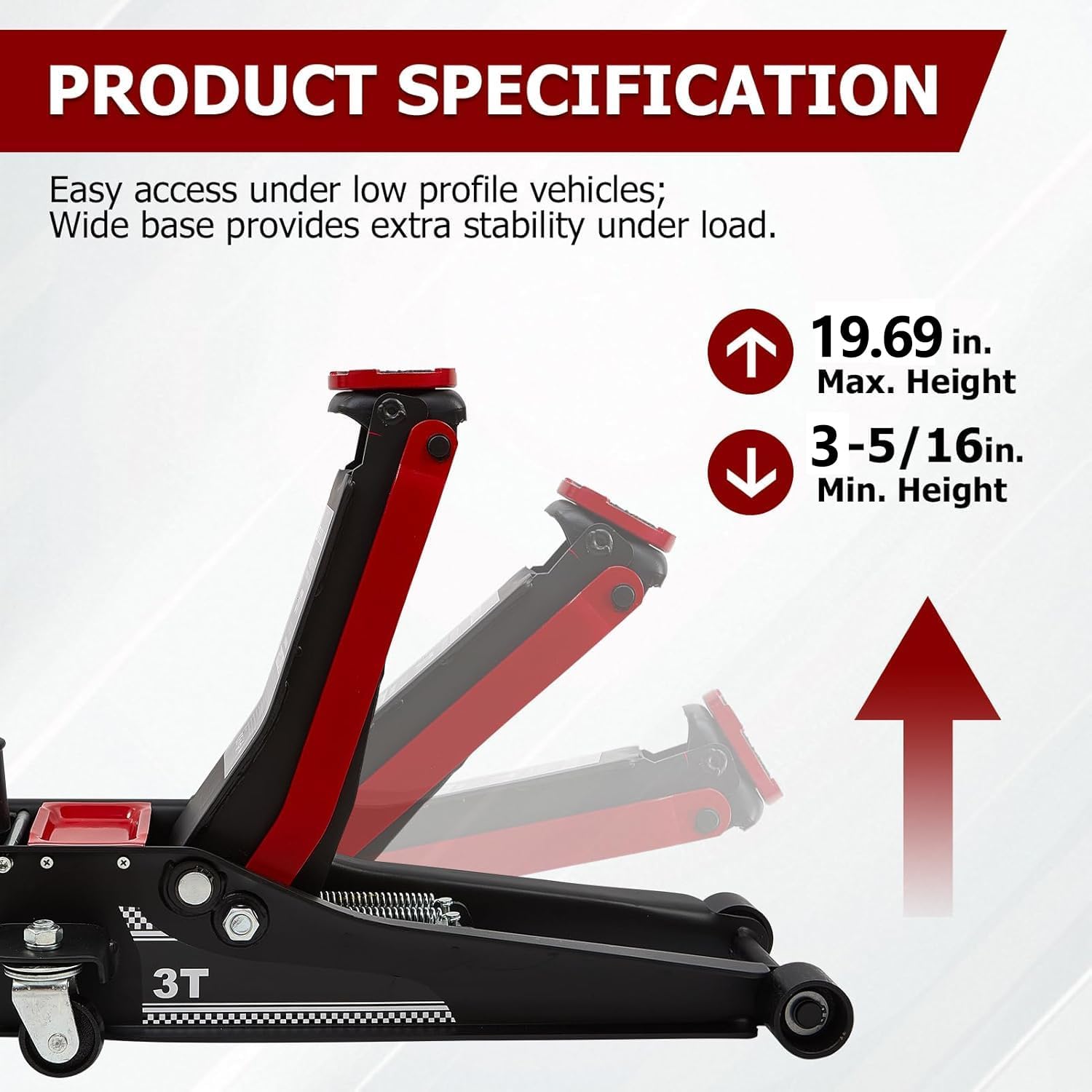 3 Ton (6600 lbs) Low Profile, Heavy-Duty Steel Racing Floor Jack with Dual Pistons Quick Lift Pump, Lifting Range 3.35"-19.69"