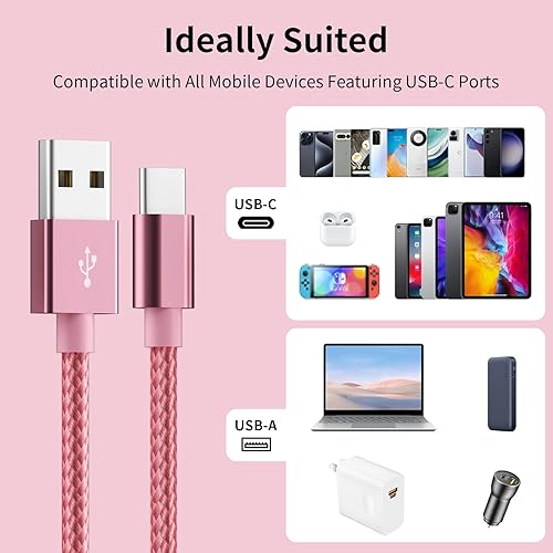 Miniatura 31 de Cable USB C, cables de carga USB A a tipo C trenzados de nailon de alta calidad [paquete de 5, 3/3/6/6/10 pies], cable de carga tipo C para teléfono