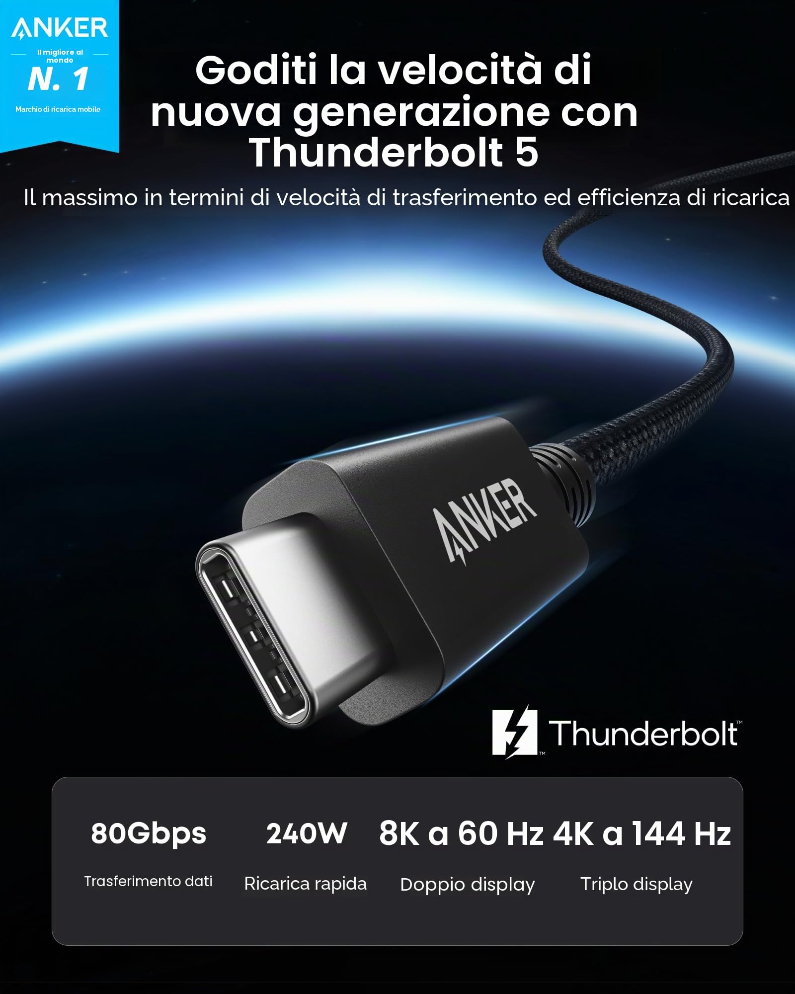 Anker Cavo Thunderbolt 5.0, USB-C 1m,Ricarica 240W,Trasferimento 40 Gbit/s,Supporta schermi 8K/4K,per iPhone 16,MacBook, iPad, Samsung (certificato Thunderbolt 5).