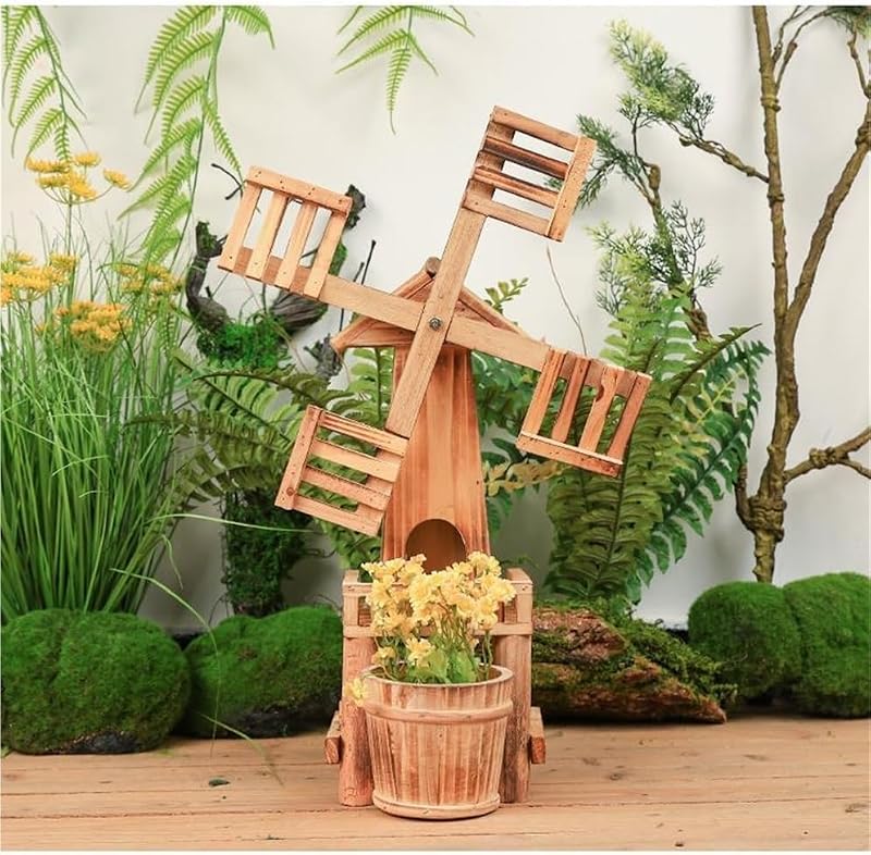 Vintage Farmhouse Outdoor Yard Windmill Decor, Rustic Windmill Decor for Flower Shops, Wooden Pinwheel with Flower Bucket for Garden Yard Lawn Patio Decoration 14.6''x22''(Khaki)
