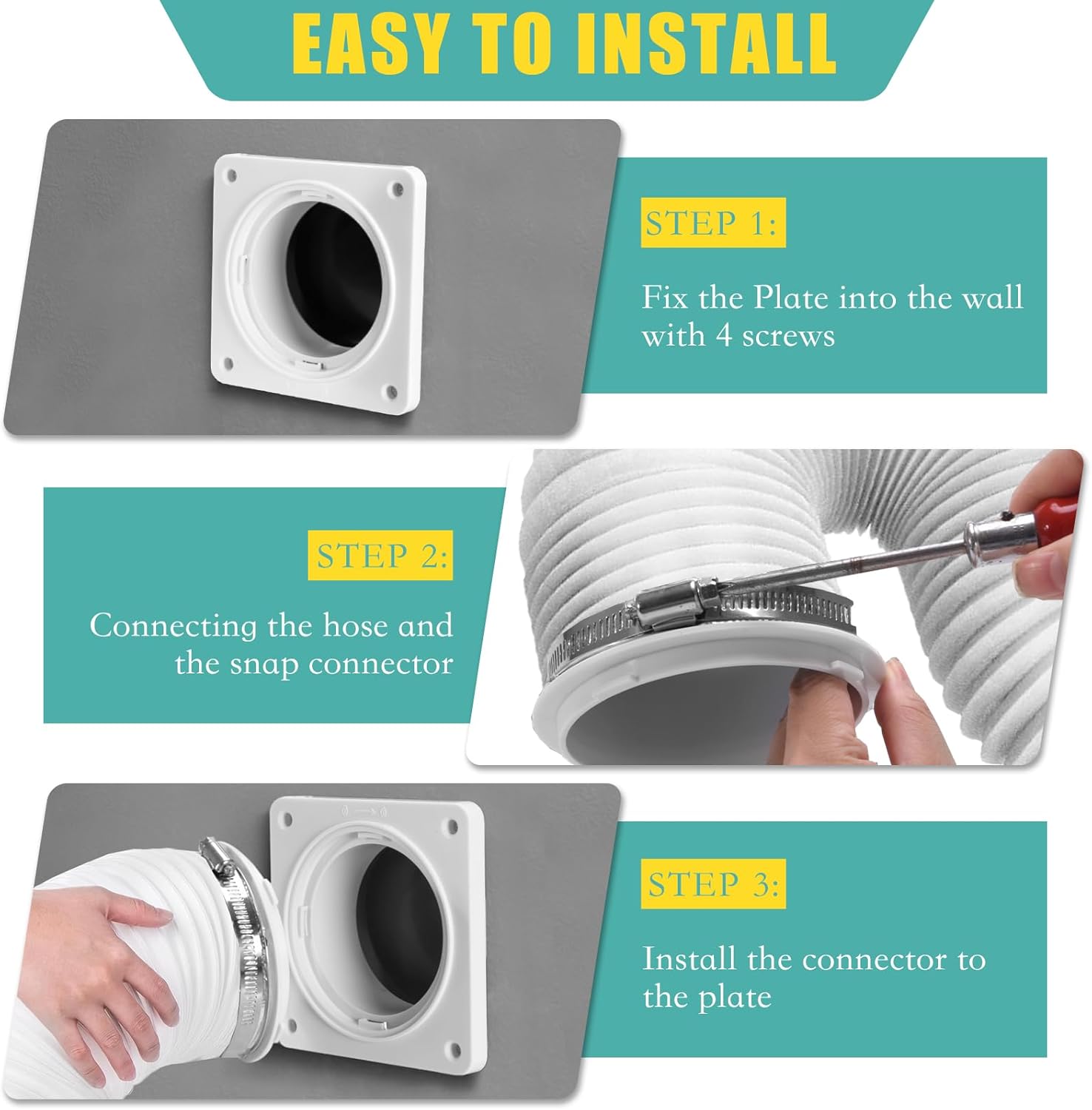 VIWINVELA Dryer Vent Wall Plate Quick Connector Snap to Vent Dryer Dock Connector Kit Fits 4 Inch Hose (Dryer Vent Connector with 4in-5ft White Hose)