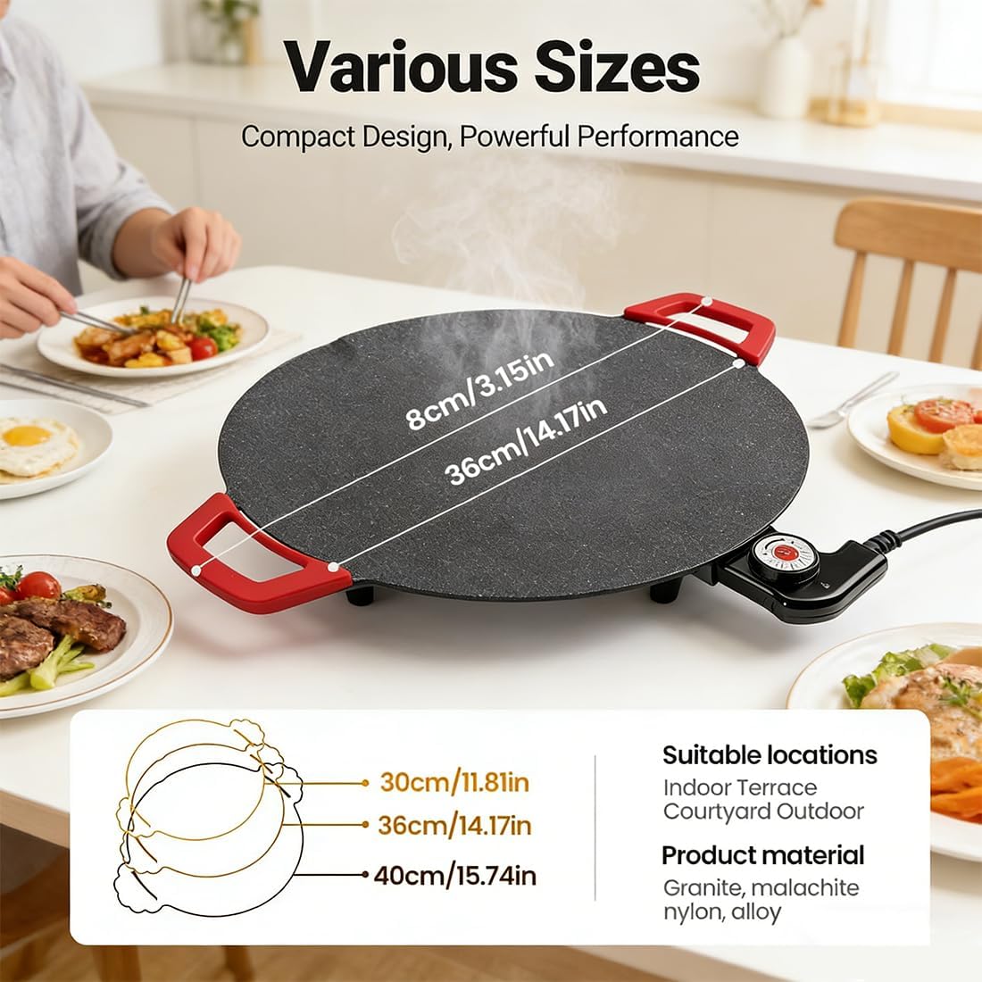 Electric Indoor Grill Pan, Nonstick Indoor Grills Electric Smokeless with Oil Brush & Tongs, 12/14/16 Inch Fast Heating Round Nonstick Griddle for Steak, Pancakes, BBQ, and Everyday Cooking (16'')
