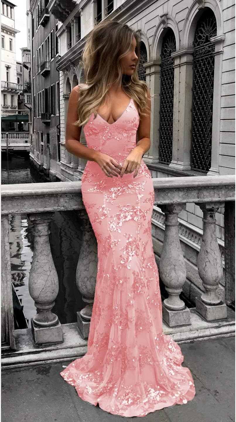 dys women's sequins mermaid prom dress spaghetti straps v neck backless gowns