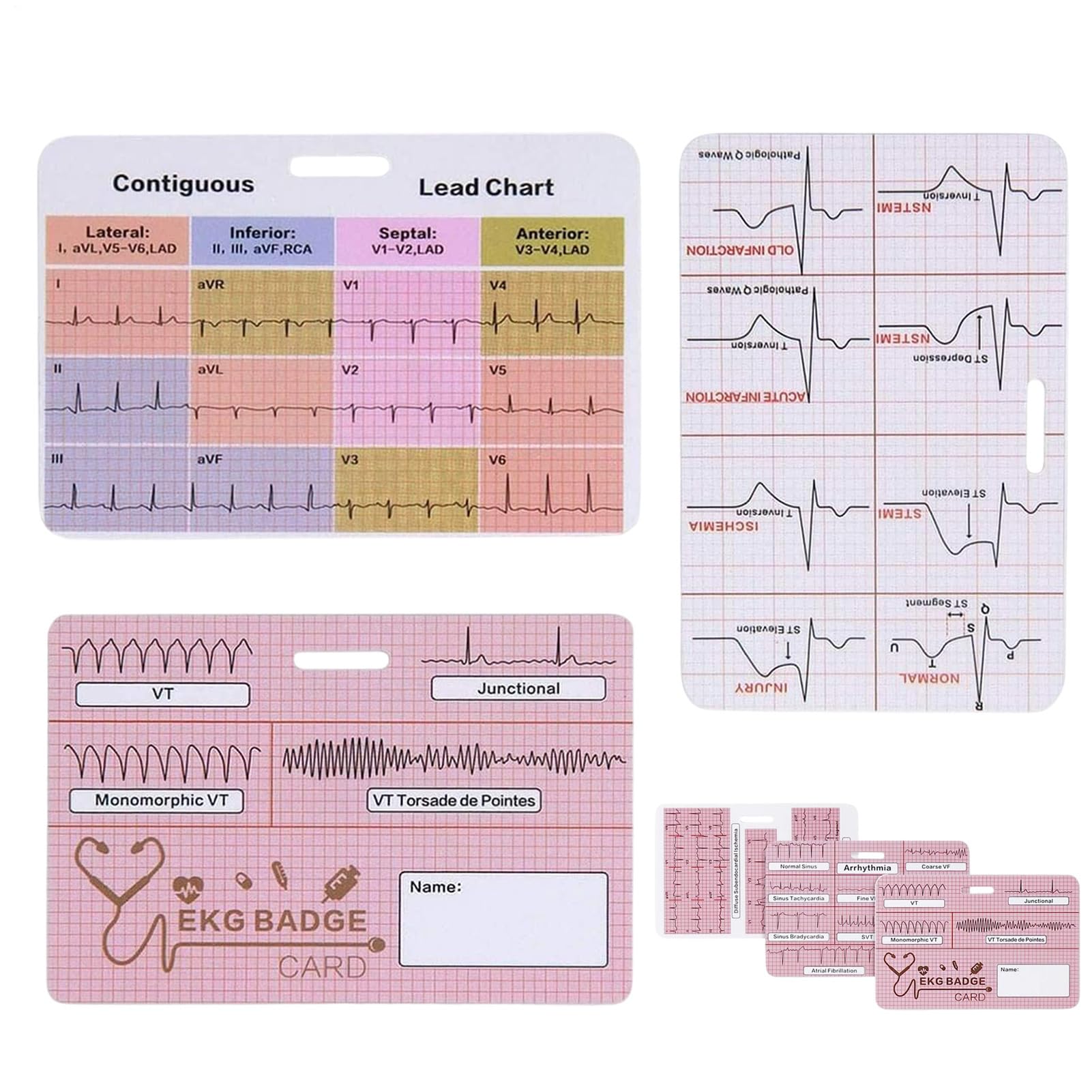 Scheda ECG – badge di riferimento, di riferimento ECG, 3 pezzi, set di carte mediche, ideale per studenti di medicina e infermieristica, paramedici e cliniche di telemetria