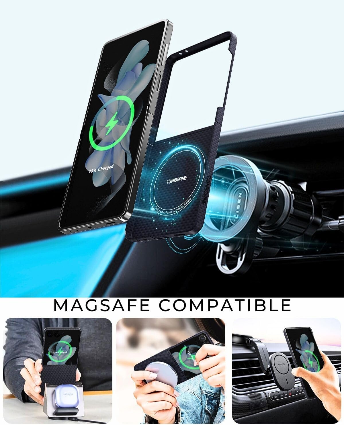 Thinborne Compatible with Samsung Galaxy Z Flip 7 Case, [600D Aramid Fiber] [Magnetic Charging] [Ultra Thin] [Minimalist Style] [Carbon Fiber Textures] - Blue