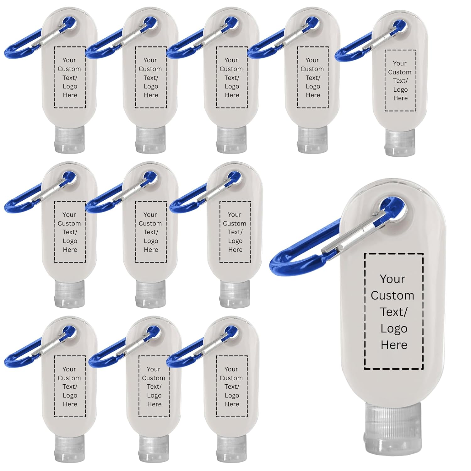 CUSTOM LABELED SPF 30 Sunscreen Lotion with Carabiner, Travel Size 1.9 oz, Unscented, Water Resistant, Portable Squeeze Bottle, 15 Pack