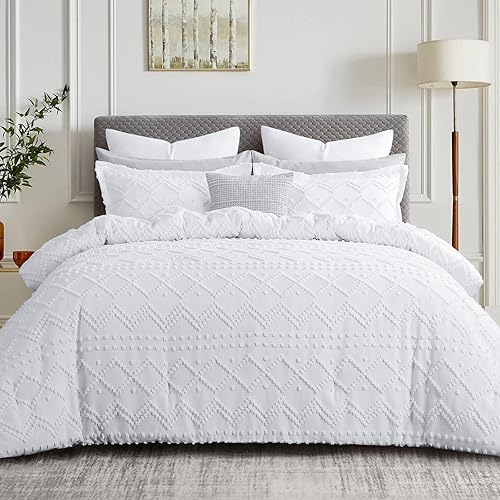 Miniatura 2 de Aisbo Juego de edredón bohemio tamaño Queen, juego de edredón blanco copetudo, bohemio, tamaño Queen, edredón de 3 piezas estilo rústico occidental