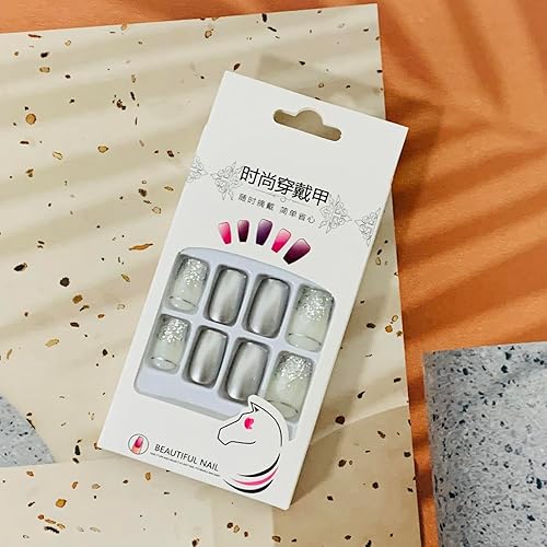 Miniatura 6 de 24 uñas postizas cuadradas de color plateado brillante, de cobertura completa, con diseños de purpurina plateada, uñas postizas acrílicas con
