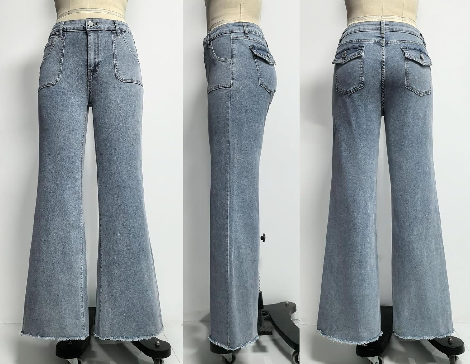 Womens Low Rise Wide Leg Flare Jeans Y2k Vintage Flap Pocket Raw Edge Denim Pants Distressed Washed