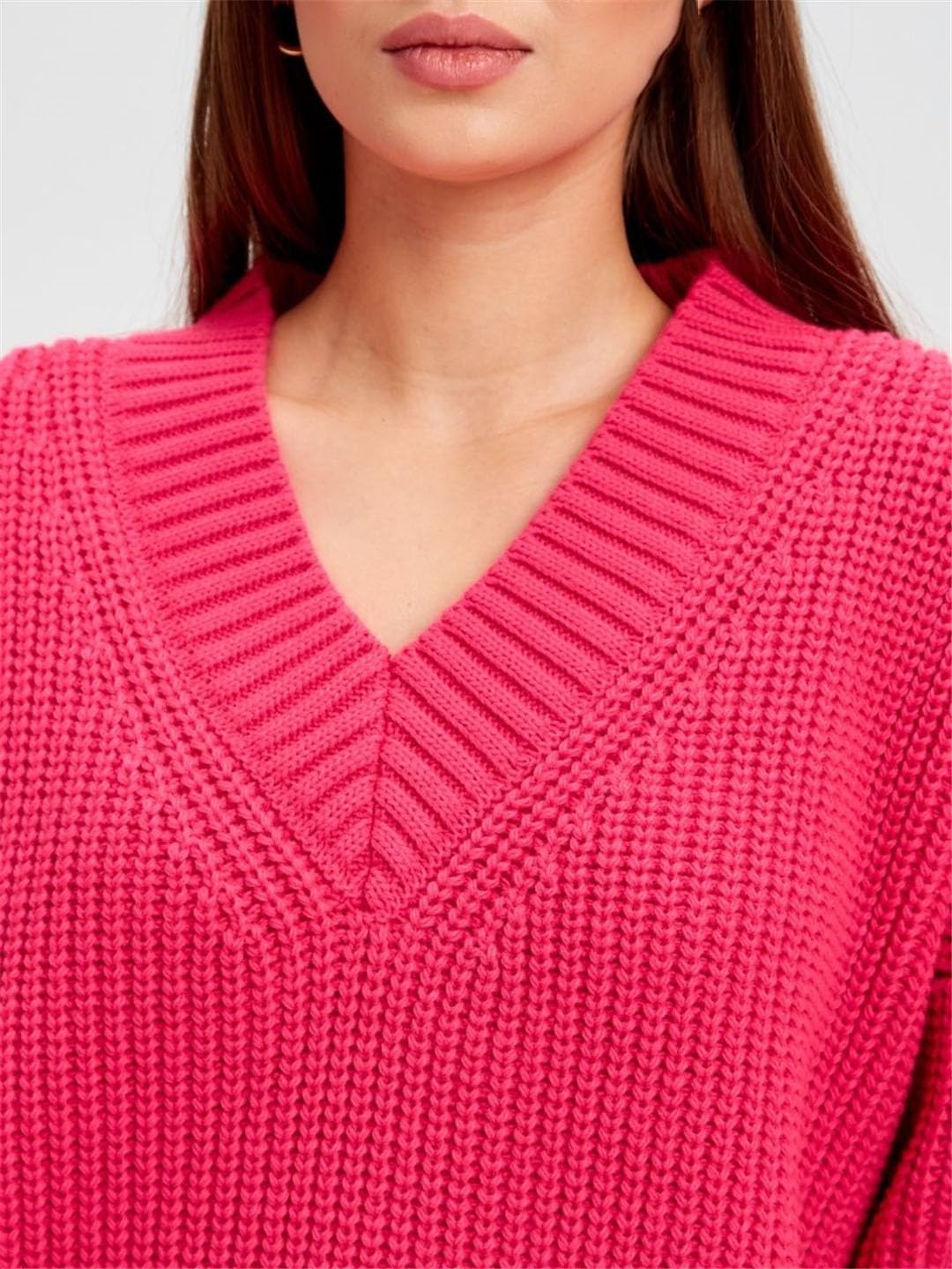 Vogrtcc Maglione invernale da donna oversize con scollo a V a maniche lunghe lavorato a maglia