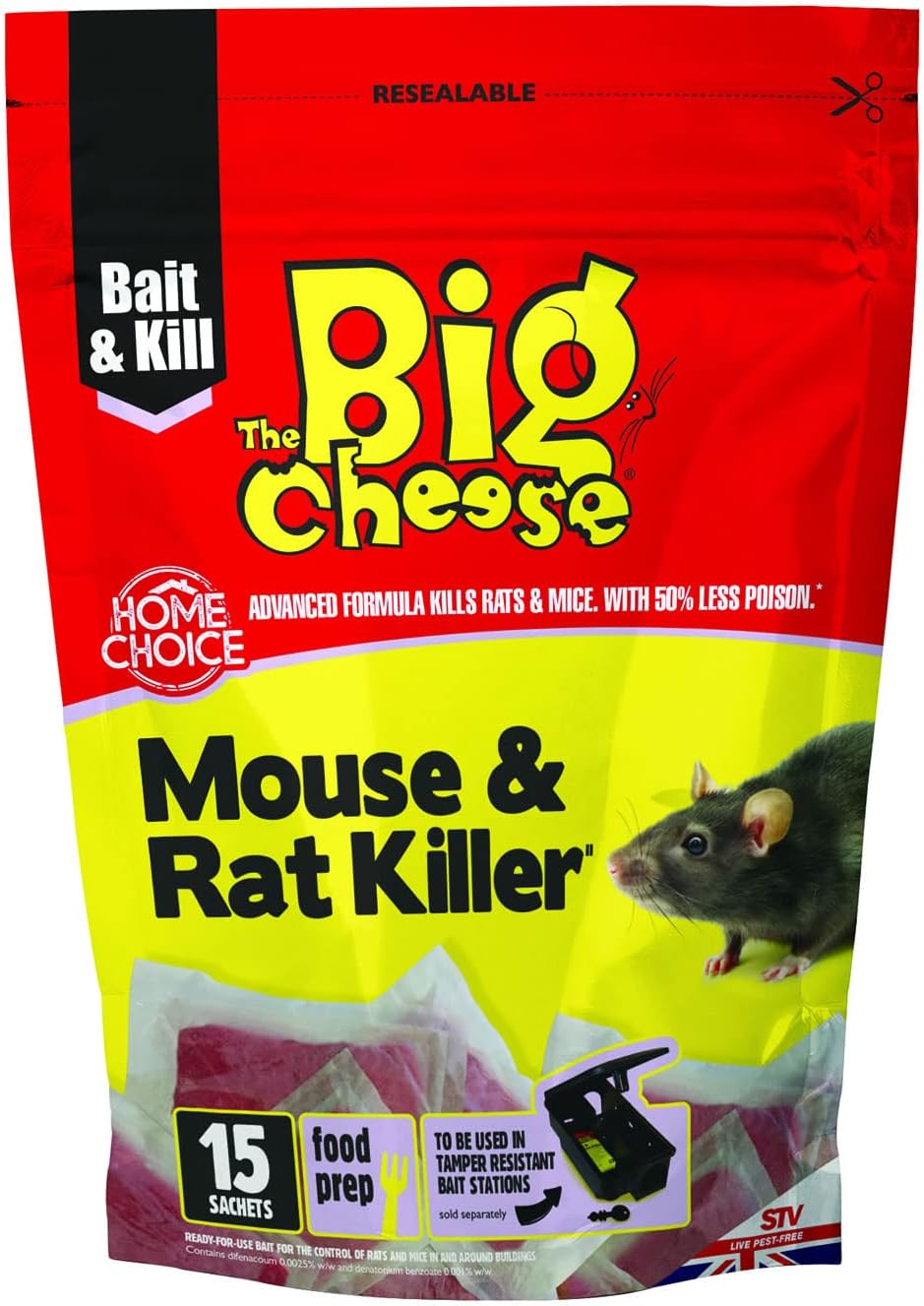 The Big Cheese Mouse & Rat Killer Pasta Sachet - 10g x 15 Kills Mice and Rats Pre-Measured Chew Through Sachets Difenacoum, Red