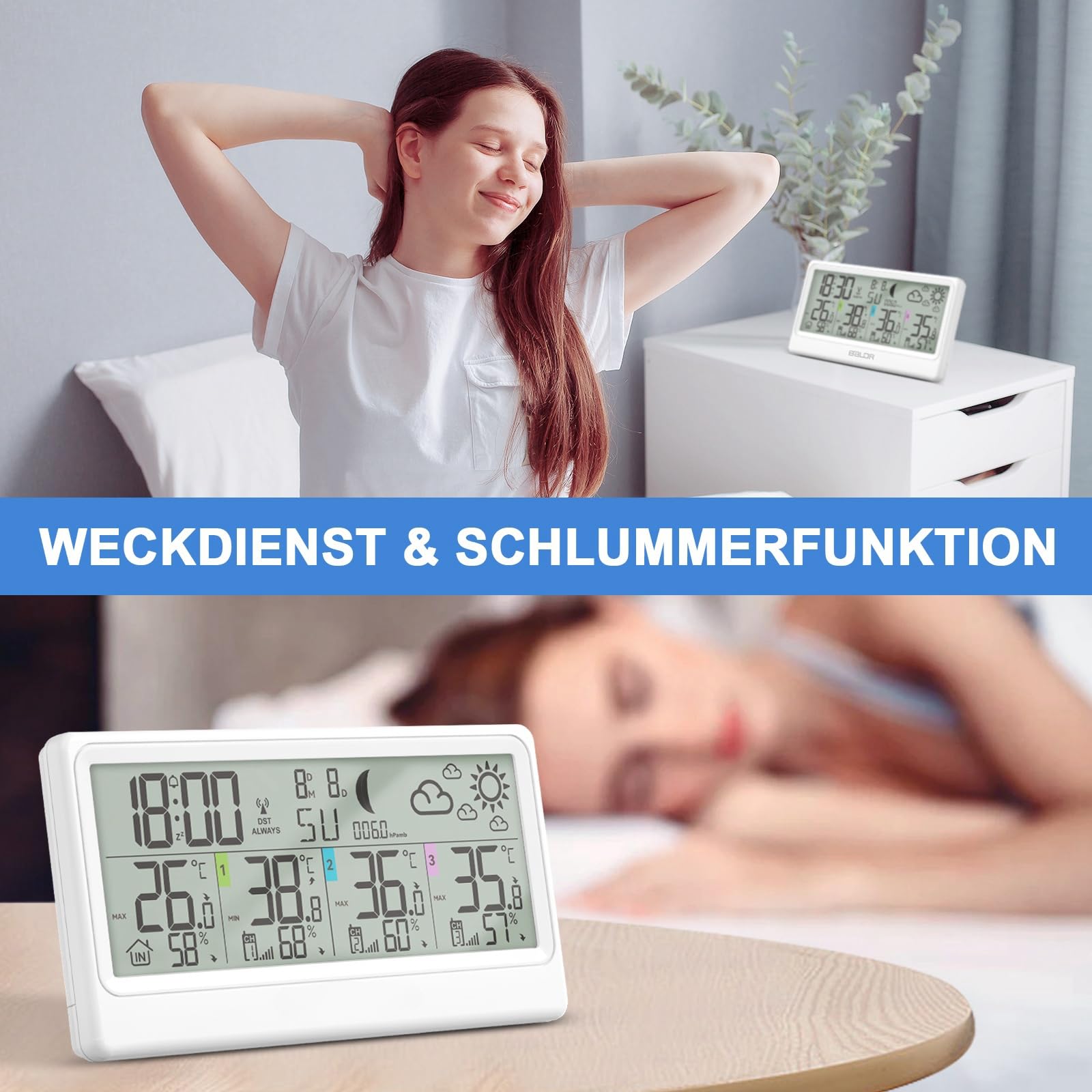 Wetterstation Funk mit 3 Außensensor, Innen- und Außenthermometer, Hygrometer, Barometer, Digitale Funkwetterstation mit 8,5"LCD-Display, Wettervorhersage, Mondphase, Wecker, Schlummerfunktion und RCC