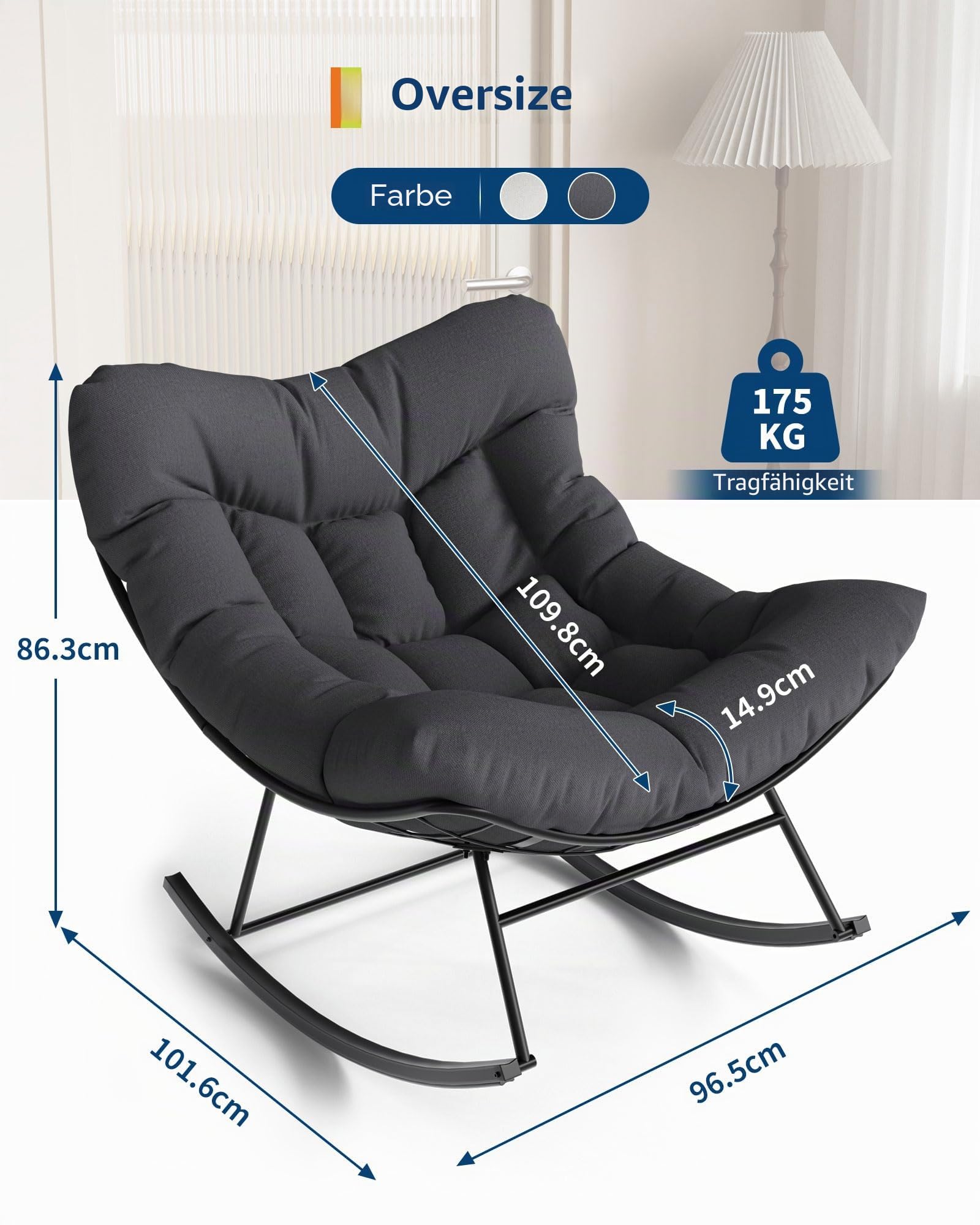 Acekool Schaukelstuhl Oversized mit Fußhocker, Schaukelsessel mit dickem Kissen & Metallrahmen, Relaxsessel für Poolside, Garten und Hinterhof, Tragfähigkeit (Grau, ohne Fußstütze)