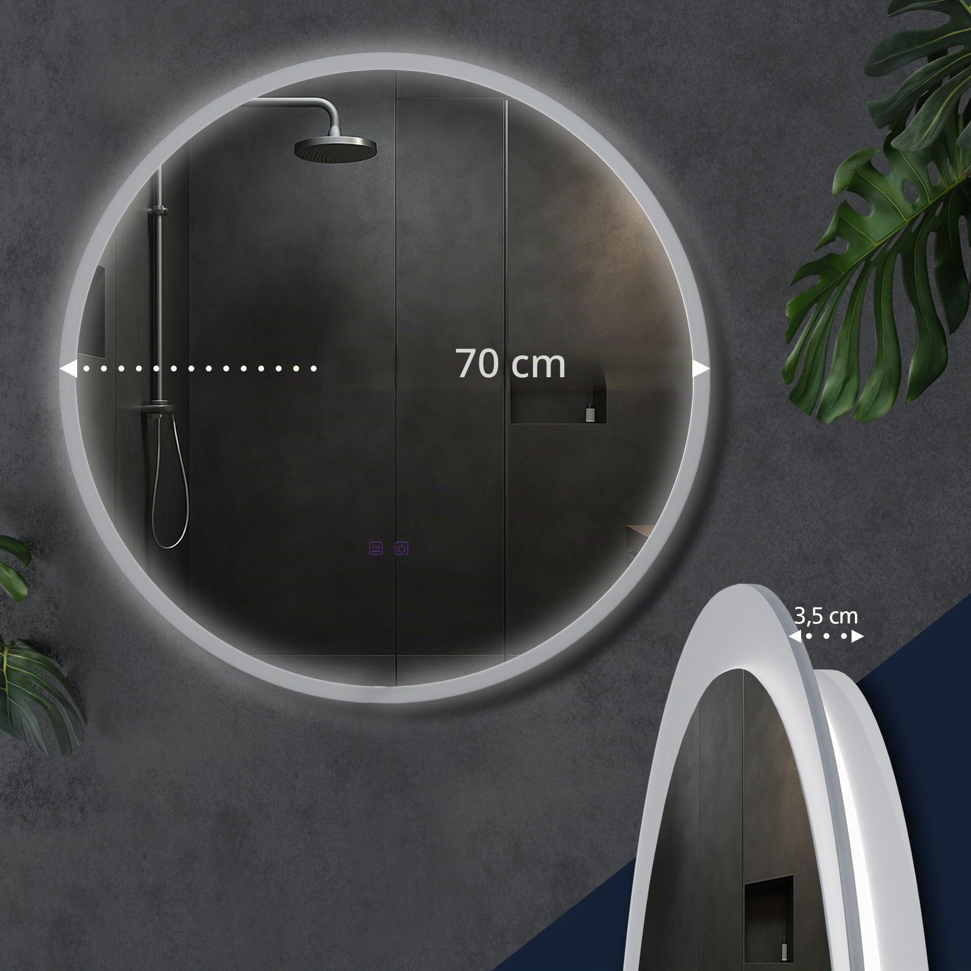 CLP Espejo de baño Laconia con iluminación, Altavoz Bluetooth, Espejo de baño antivaho, Espejo de Pared Redondo LED Regulable, Tamaño:Ø 70