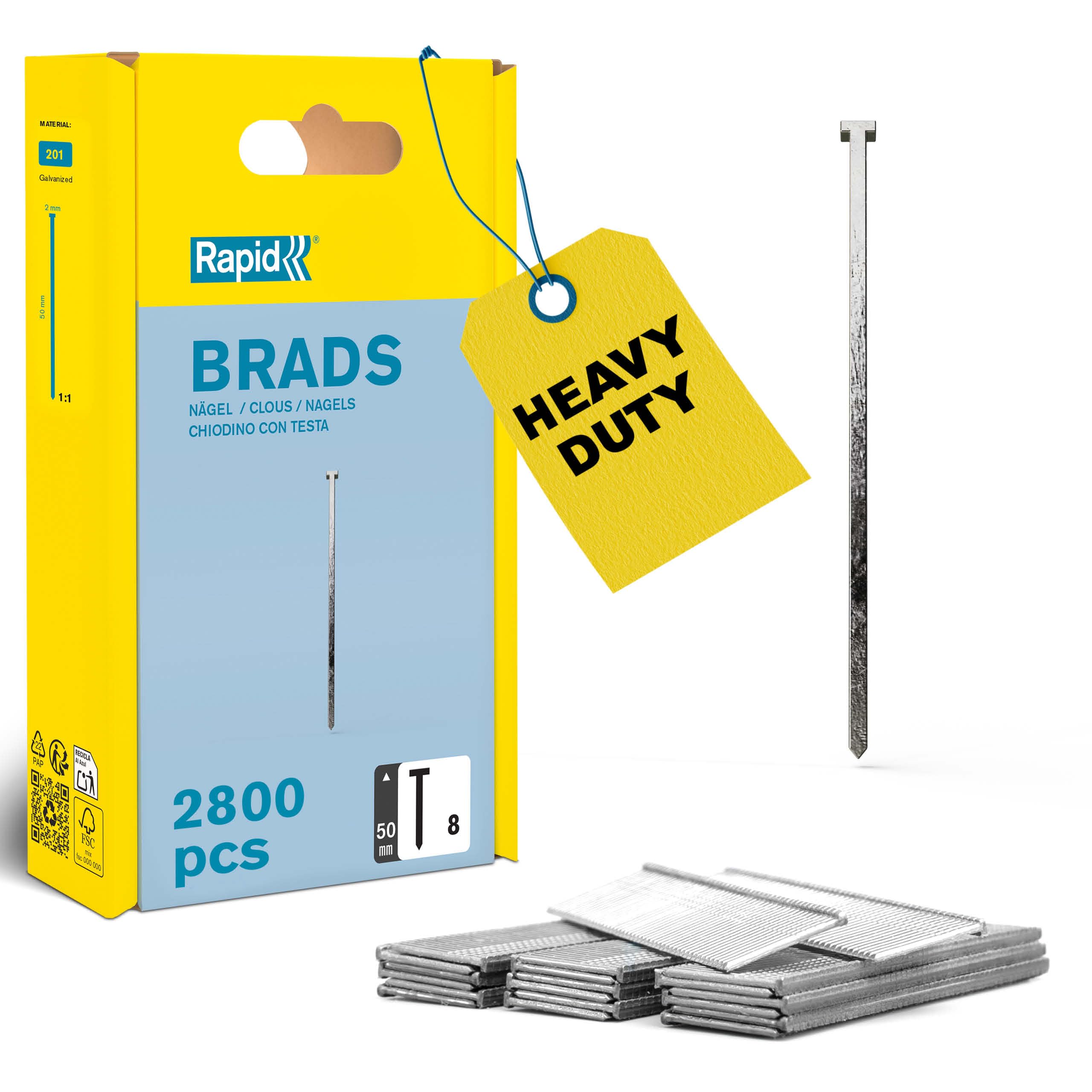 Rapid High Performance No.8 Galvanised Steel Brad Nails, Wire Length: 50 Mm, 5000186 - 2800 Pieces 4051661007453