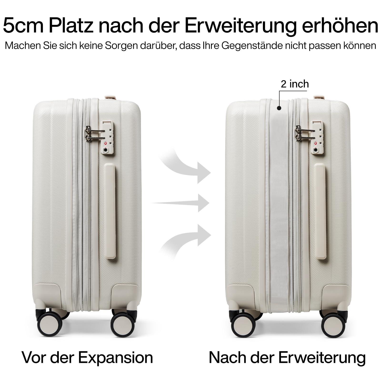 Hanke Handgepäck Koffer PC Hartschalenkoffer mit 360° Spinner Rädern Trolley Reisekoffer mit TSA-Lock 49cm (37L), Elfenbein