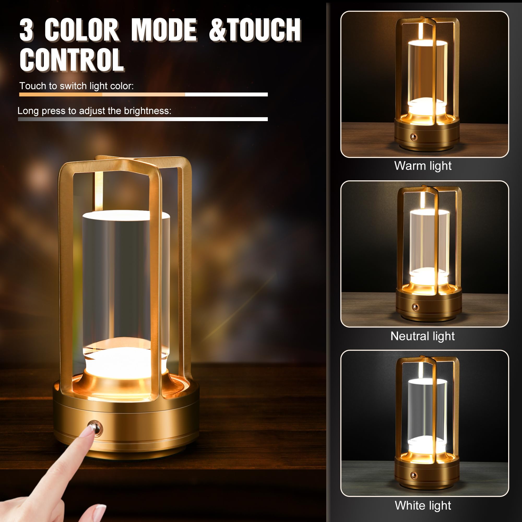 Lámpara de mesa portátil de metal, lámpara de mesa inalámbrica, luces recargables a pilas, lámparas de mesa LED, toque de atenuación continua de 3 colores, para dormitorio, restaurante, hogar, 2