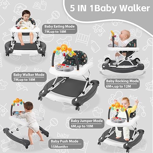 Miniatura 2 de Andador de bebé, 5 en 1 para niños y niñas de 6 a 12 meses, andadores plegables para bebés con gorila y bandeja de alimentación, música, alturas
