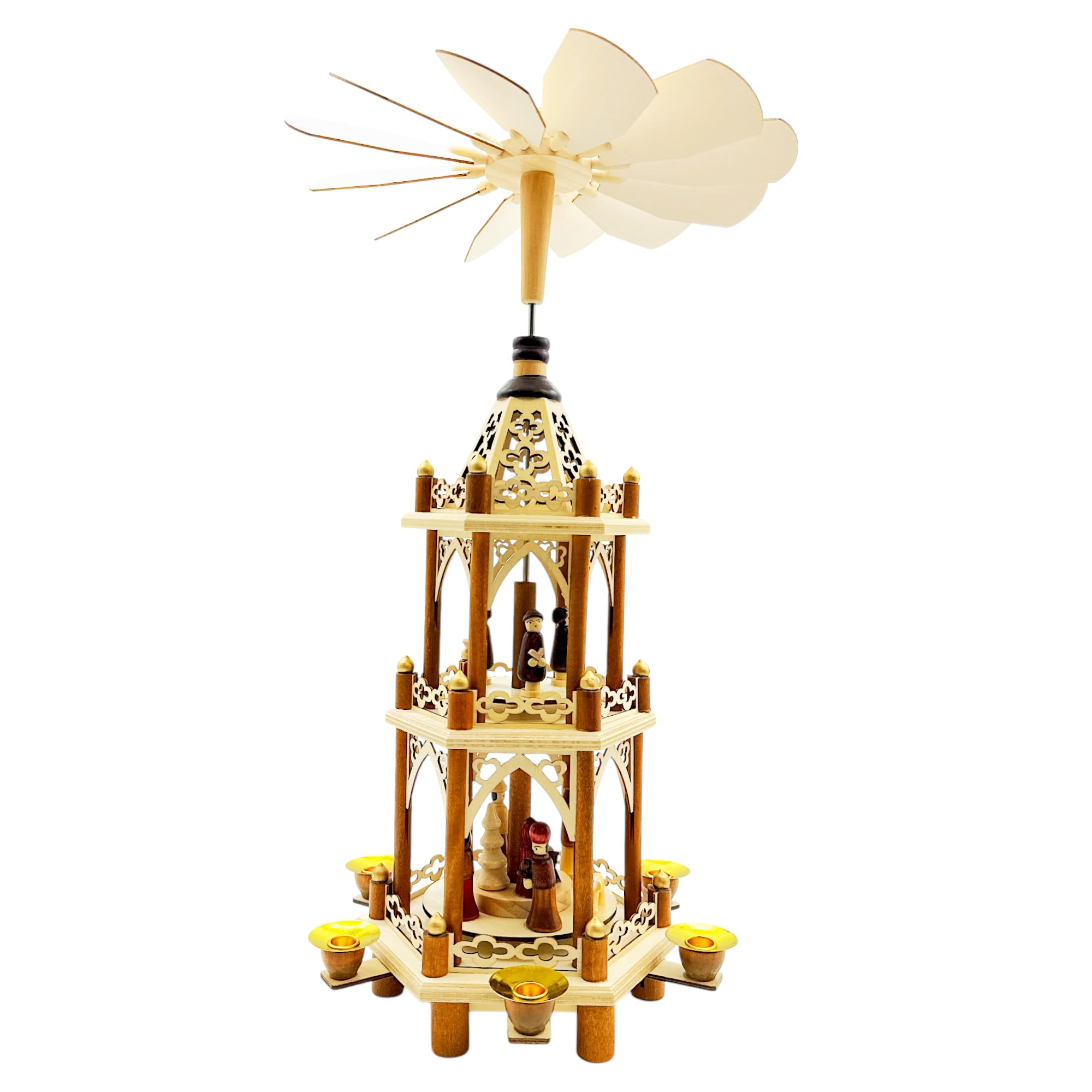 Wichtelstube-Kollektion Weihnachtspyramide Christi Geburt 3 Etagen Original 6 Pyramidenkerzen hochwertig Weihnachtsdeko Holz sehr leichtgängig Höhe 43cm