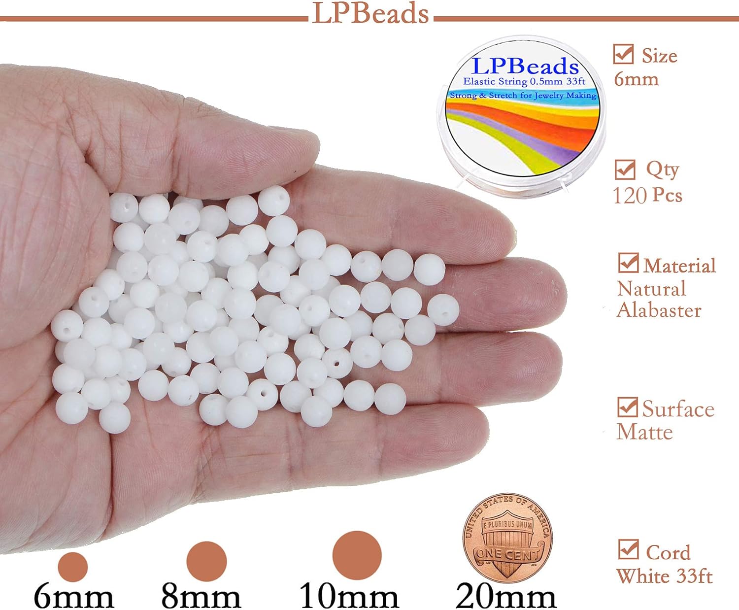 6mm Natural Matte White Alabaster Round Gemstone Frosted 120Pcs Loose Beads for Jewelry Making Bracelet with Stretch Beading Cord LPBeads - Image 2
