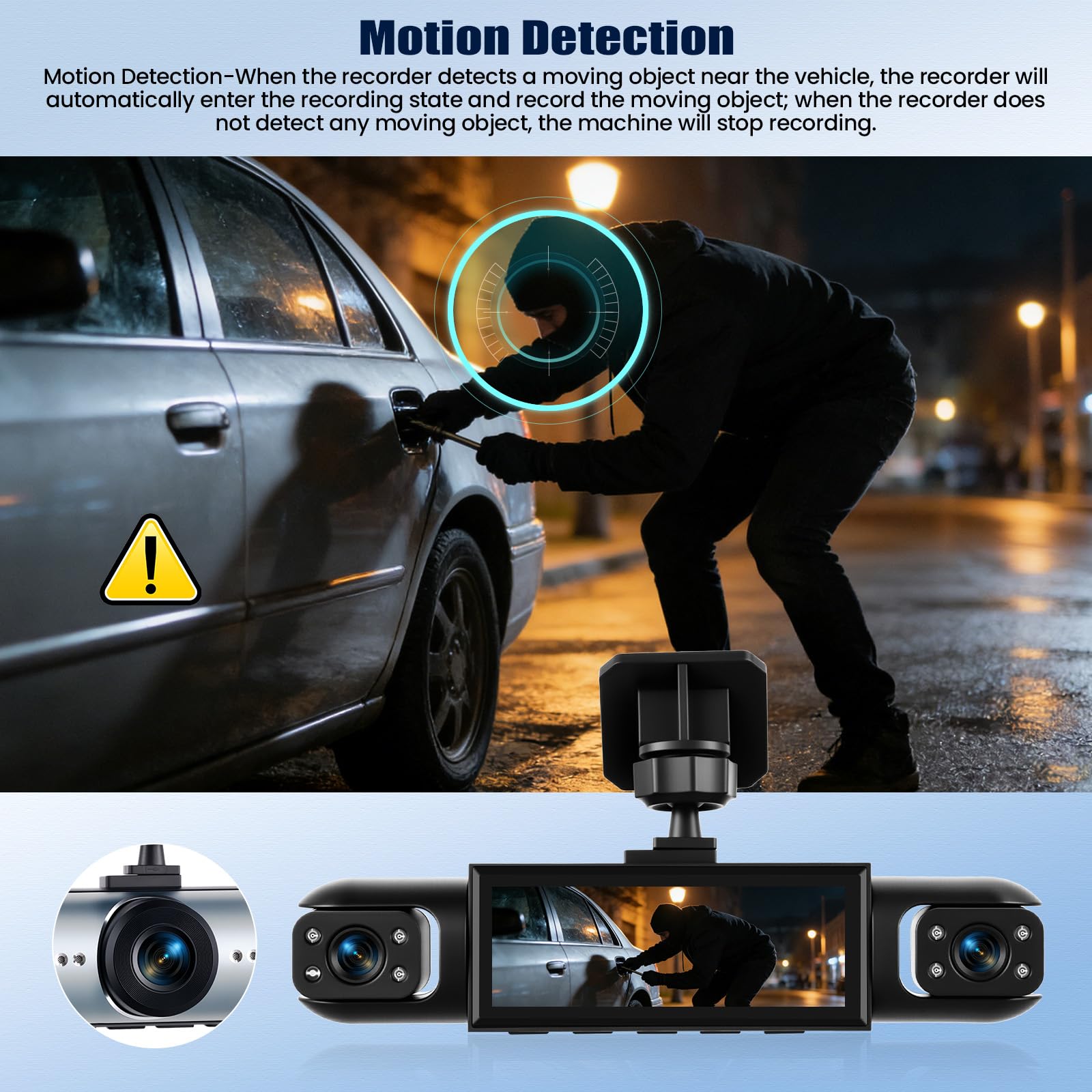 SIXTOP Cámara Salpicadero 3,16" 1080P 360° con 3 Cámaras – Visión Nocturna, Detección Movimiento, Grabación Bucle, Gran Angular, Aparcamiento y Marcha Atrás – Universal para Todo vehículo