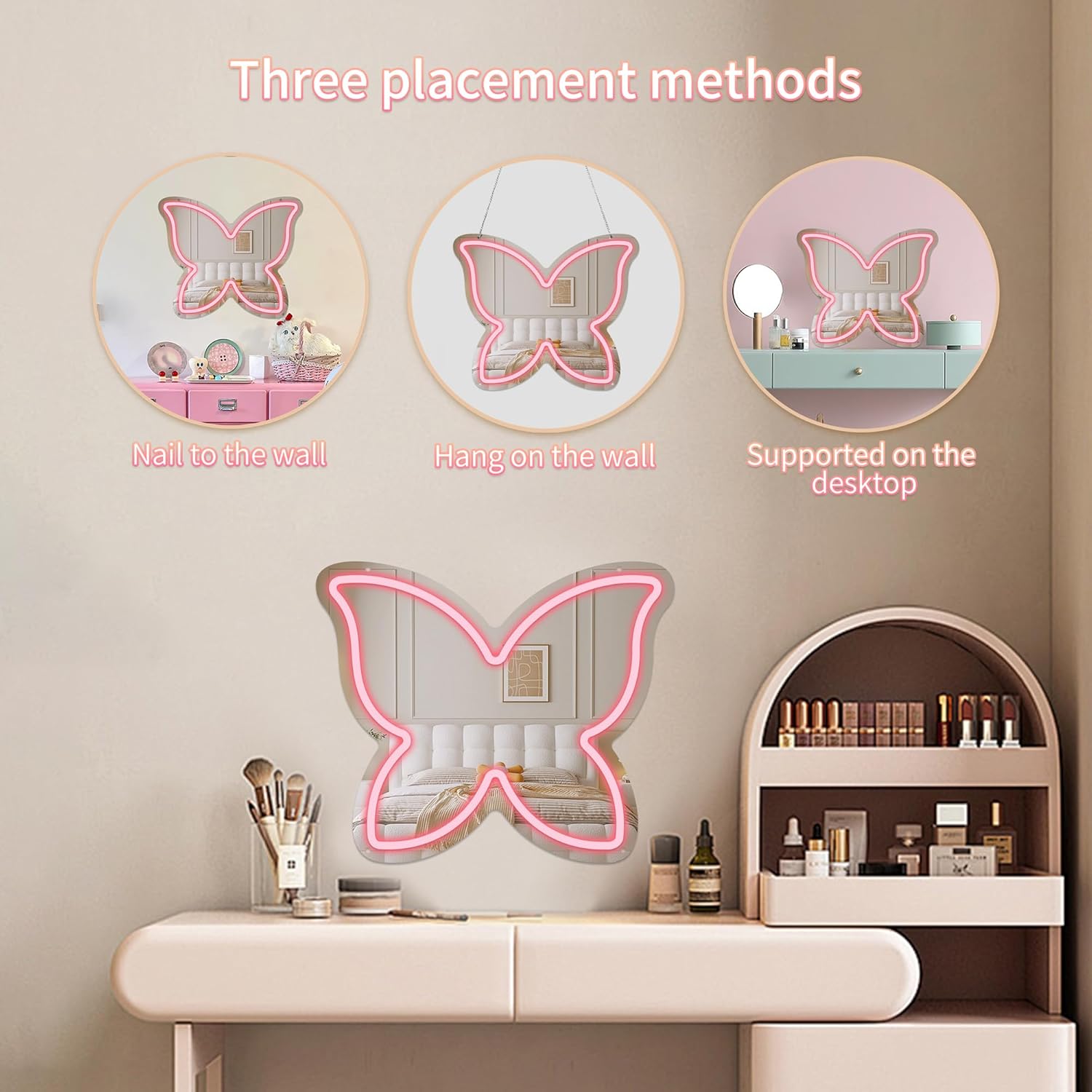Anime Butterfly Mirror with Light Neon Signs for Locker Room Living Room Girl's Bedroom, Cute Acrylic Mirror with Dimmable for Girl Gifts, Cute Butterfly Decor