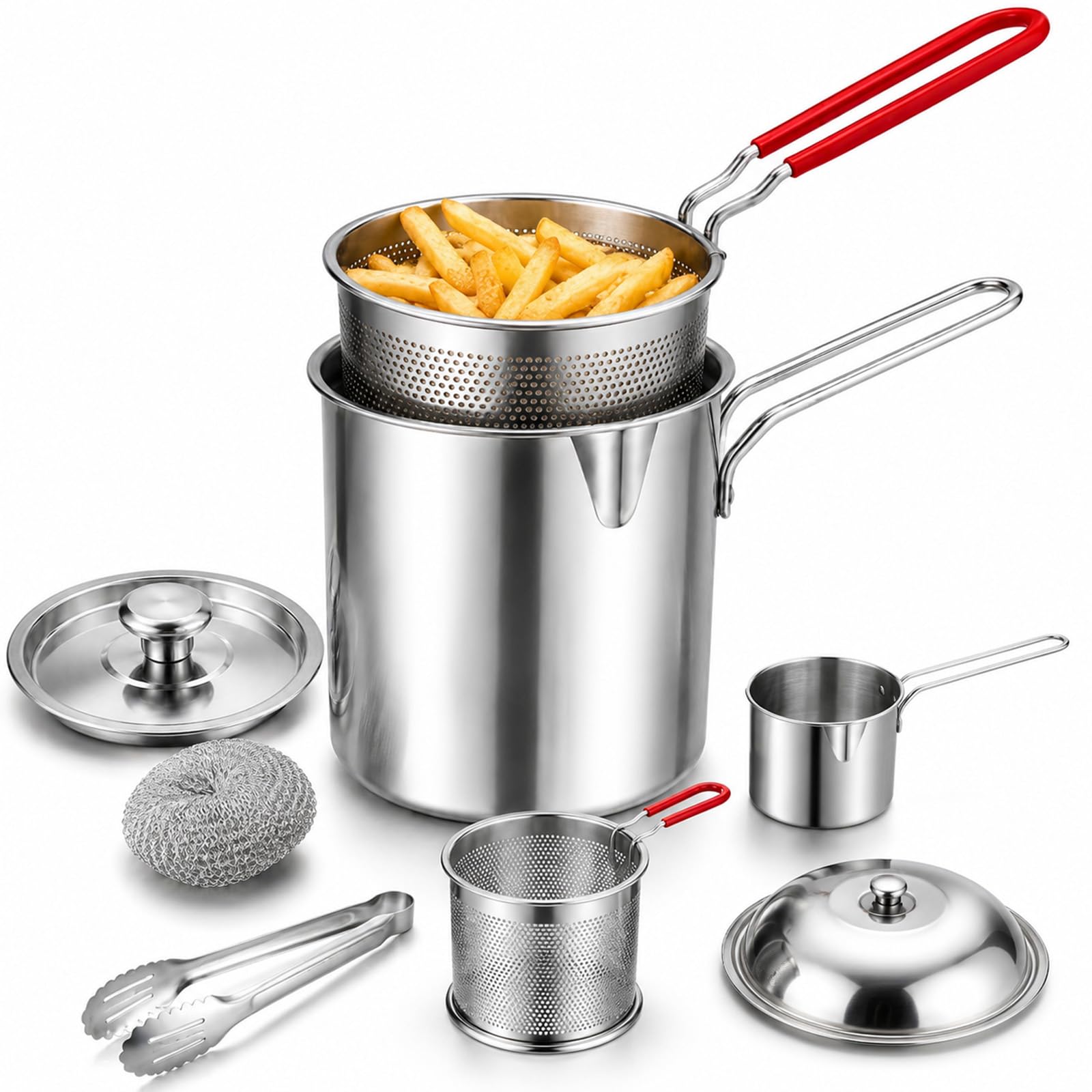 Stainless Steel Pot with Lift-Out Draining Basket, 1.2L Mini Deep Fryer Set