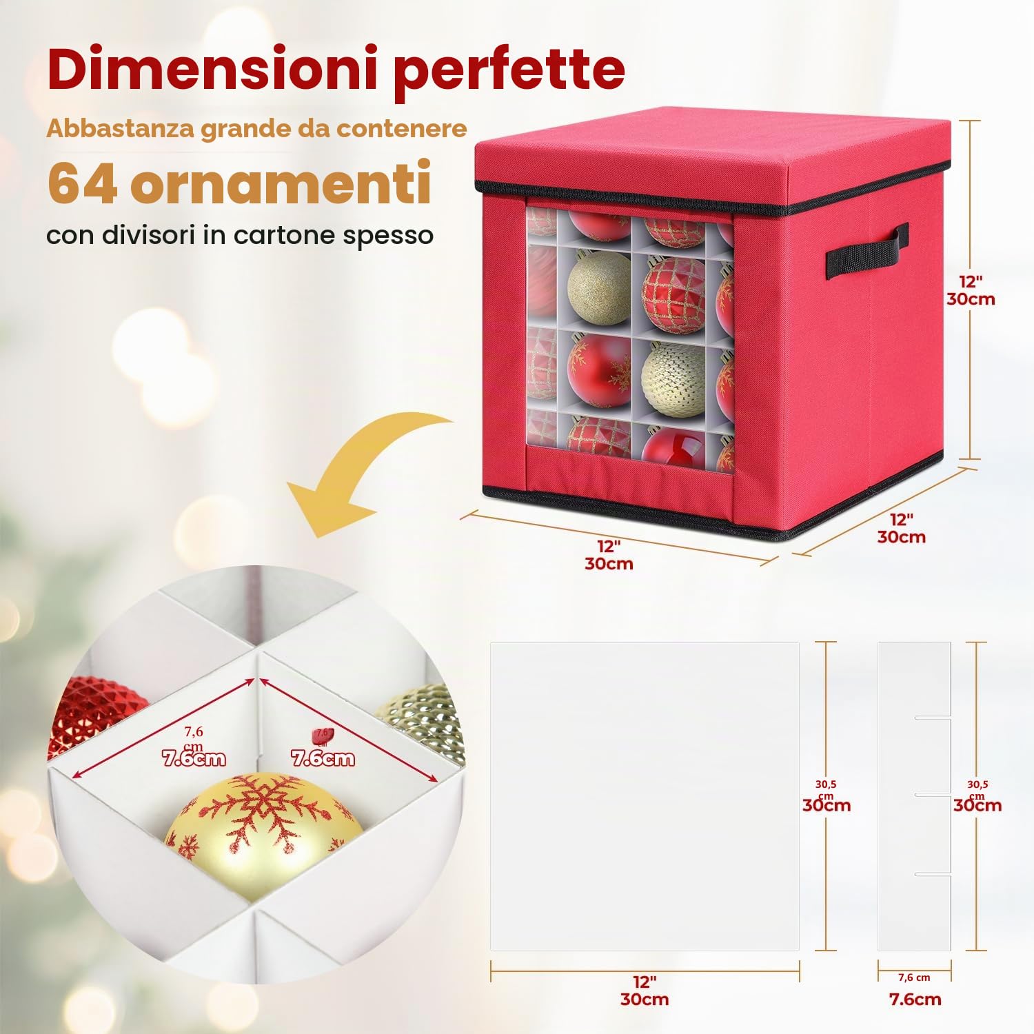 Porta Palline Natale, Ohuhu Contenitore Palline di Natale 64 Scomparti da 7,6 cm, con Tasca Posteriore E Divisori Regolabili, Tessuto Oxford 600D