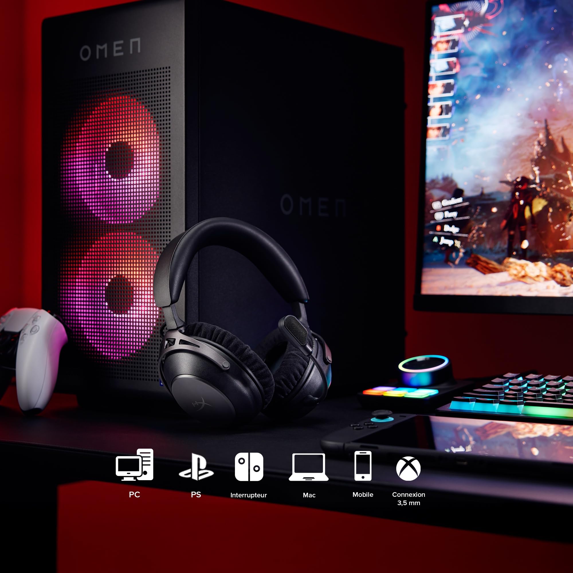 HyperX Cloud Alpha 2 Wireless, Casque Gaming sans Fil, 250h d’autonomie, Bluetooth, Station RGB, Haut-parleurs Double Chambre 53 mm, Micro détachable,Compatibilité PC PS5 PS4 Switch Mobile, Noir