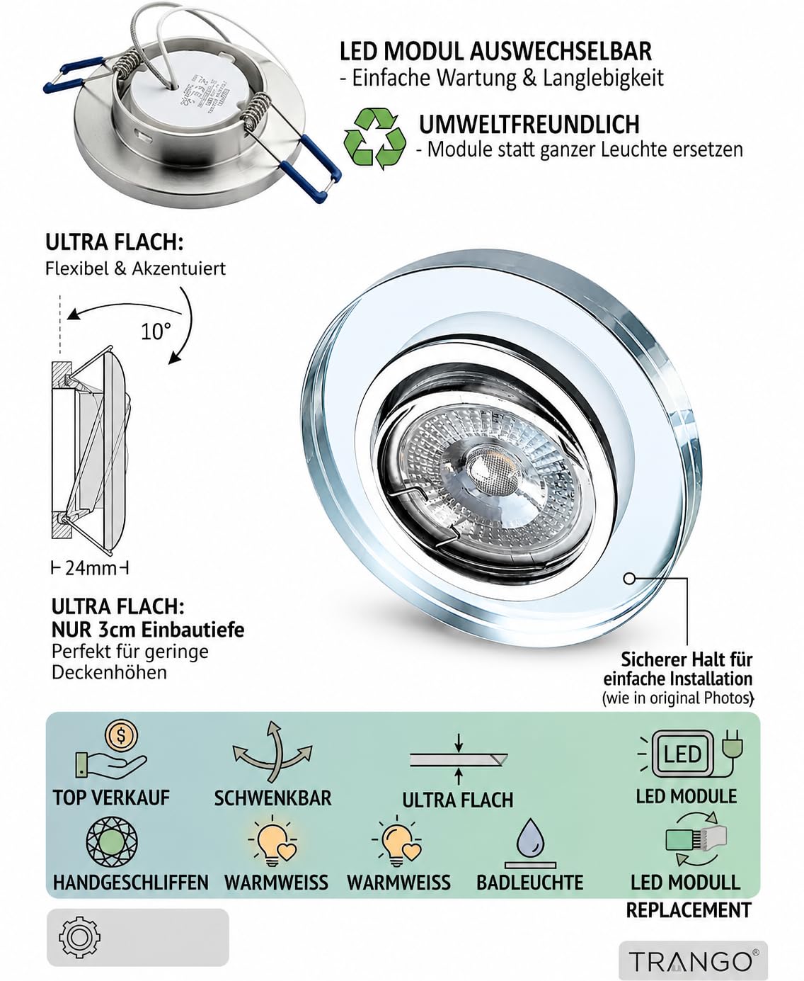 Trango 6er Set Design LED Einbaustrahler 6729R-06MCOBSD inkl. 6x 3 Stufen dimmbar 5 Watt LED Modul Ultra flach 3000k warmweiß Einbauleuchte, Deckenleuchte aus Kristall Glas & Alu Einbauspots