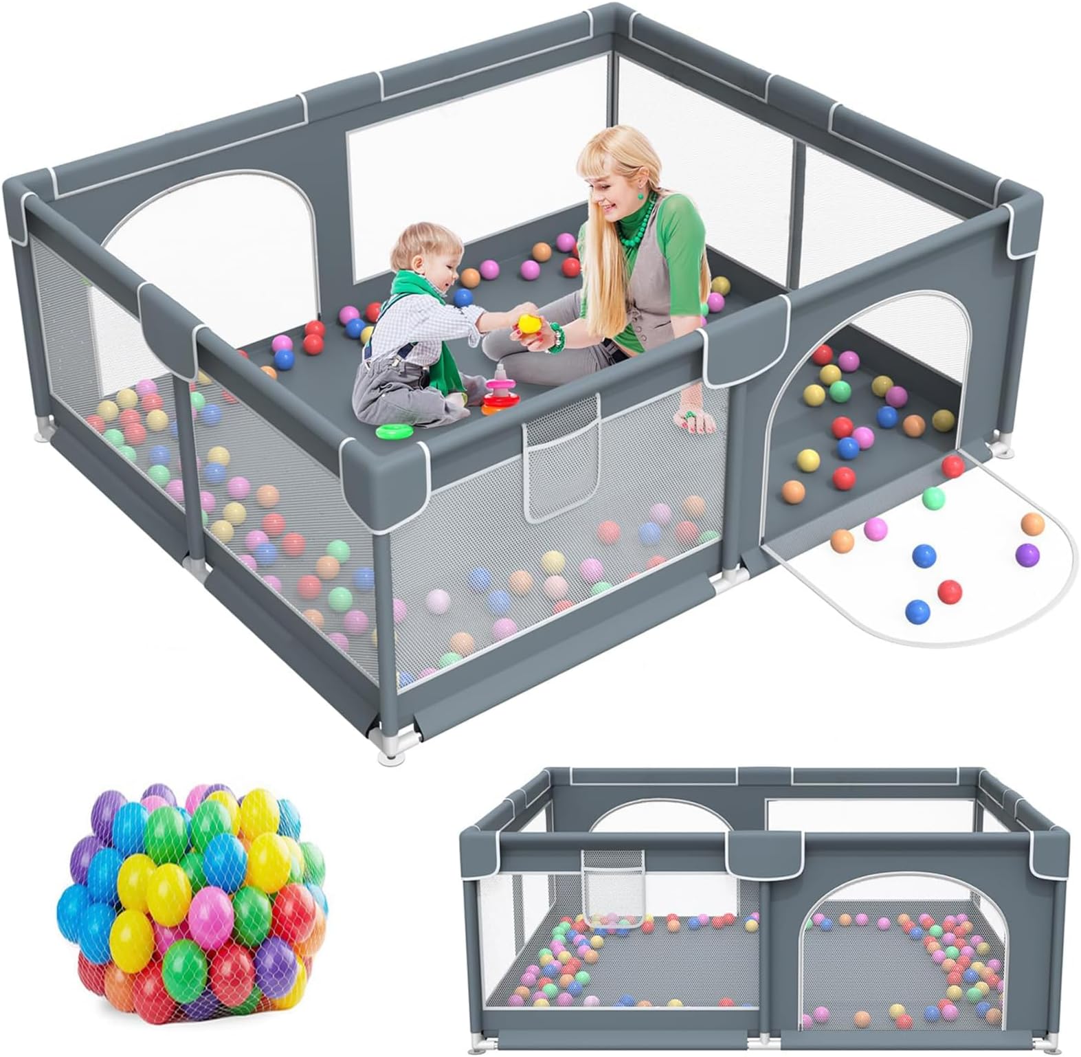 SINCHER Baby Playpen 180 * 150CM Large Play Yard Playpen for Babies and Toddlers with 20 Ocean Balls,Indoor & Outdoor Safety Baby Activity Center with Breathable Mesh, Anti-Slip Suckers, Grey