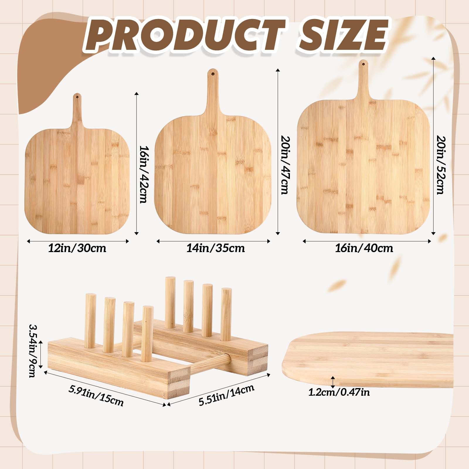 Hushee 3 Pcs Wooden Pizza Peel with Rack Set 12, 14, 16 Inch Bamboo Pizza Paddle Bread Pie Cutting Board with Handle for Kitchen