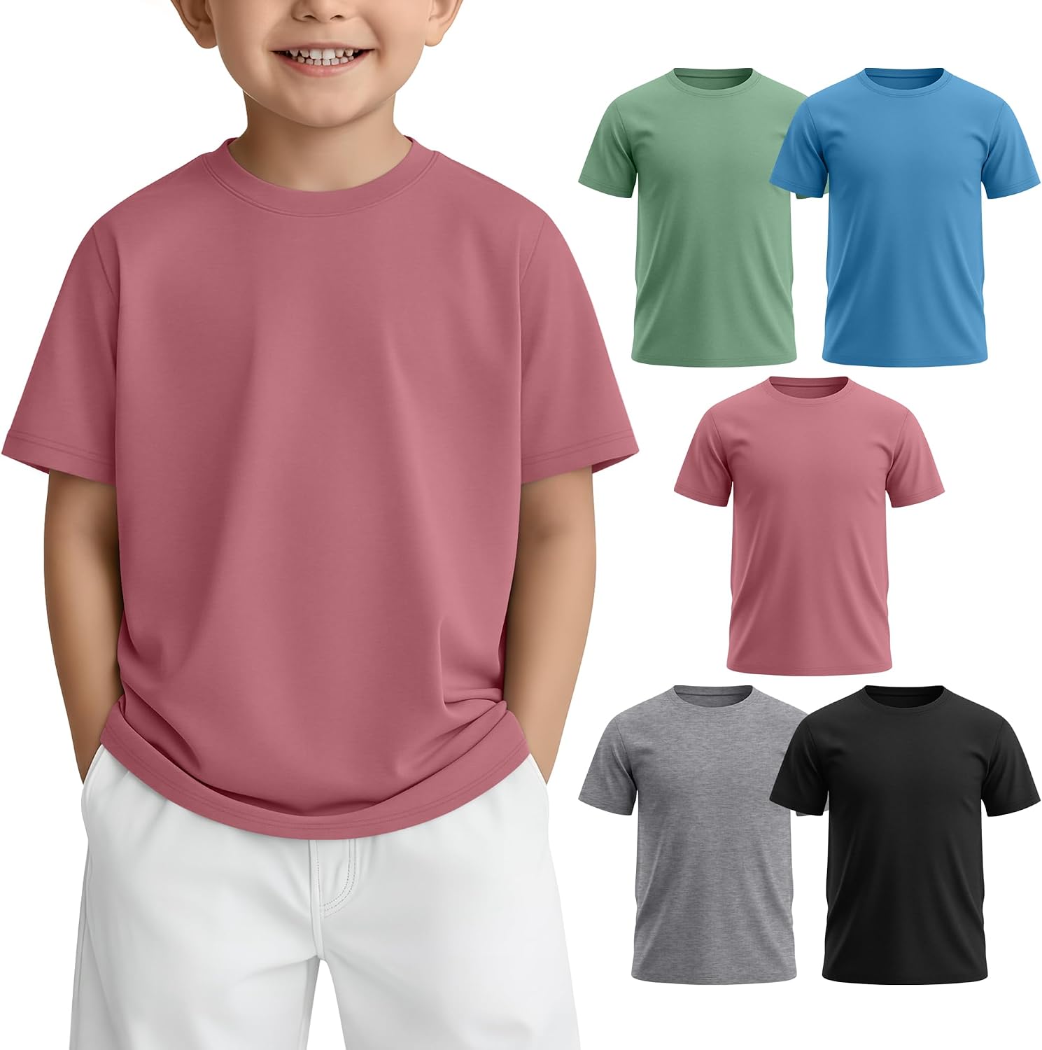 5 Pack Toddler Boys Short Sleeve Shirts Little Kids T-Shirts Summer Loose Fit Crewneck Top Basic Tee 18M-5T