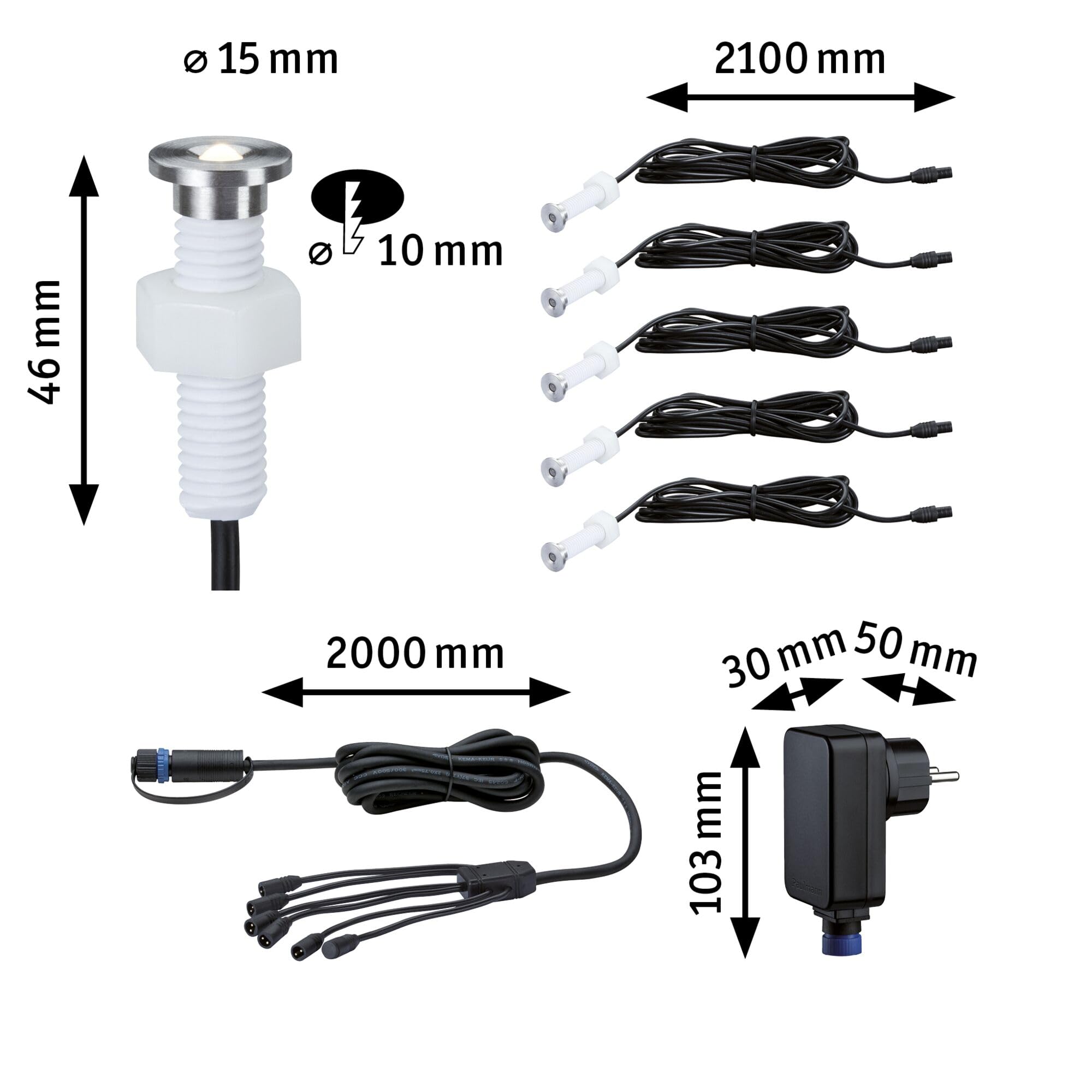 Paulmann 93695 Outdoor Plug&Shine Kit encastrés extérieur MicroPen II, 5x0,22W, (incl. driver), IP67, 3000K, Acier inoxydable argent 4,6 x 1,5 x 4,6 cm