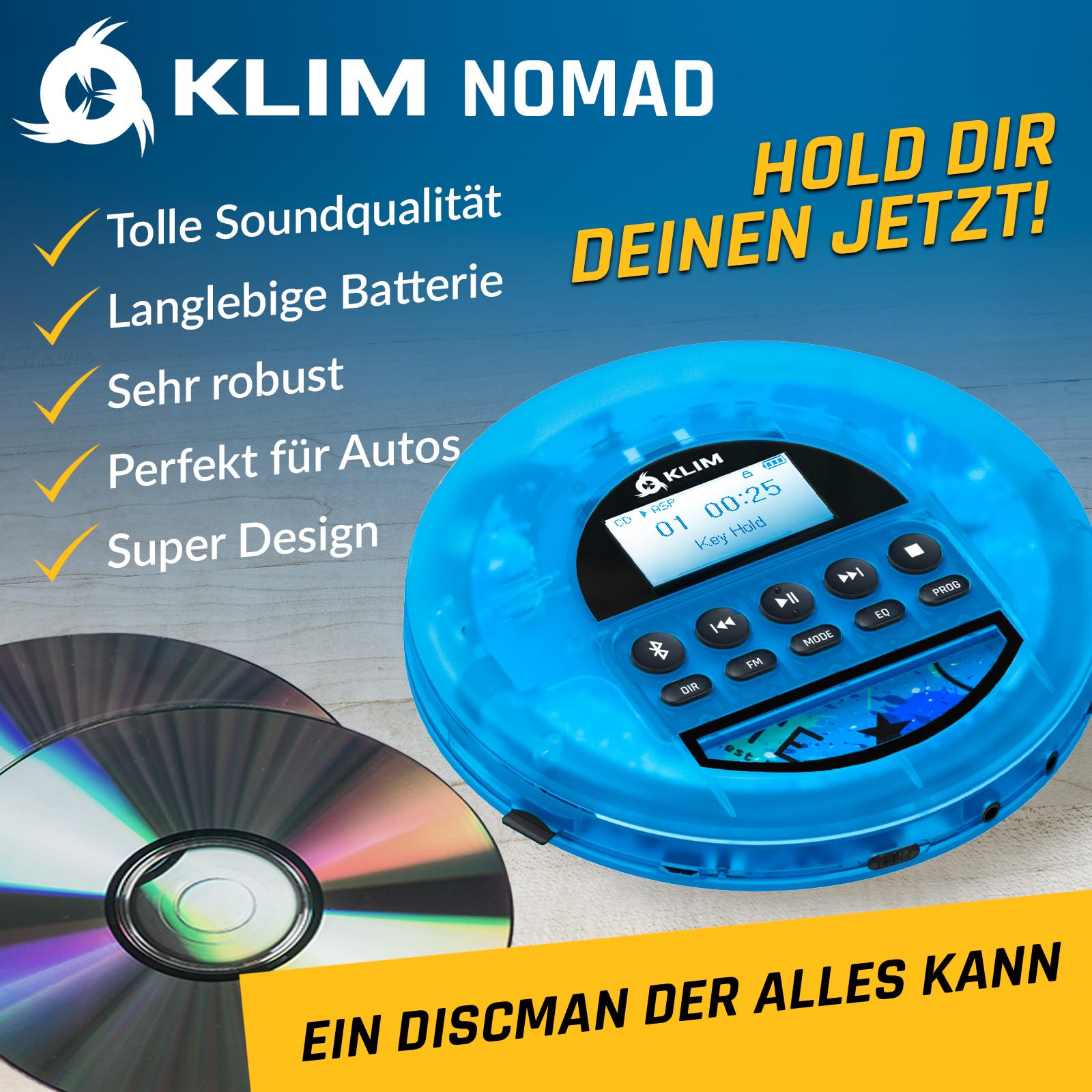 KLIM Nomad Transparent Blau - tragbarer CD-Player Walkman mit ausdauerndem Akku - inklusive Kopfhörer - MP3 Player - TF-Karte, FM Radio, Bluetooth, AUX - ideal für Zuhause und Auto