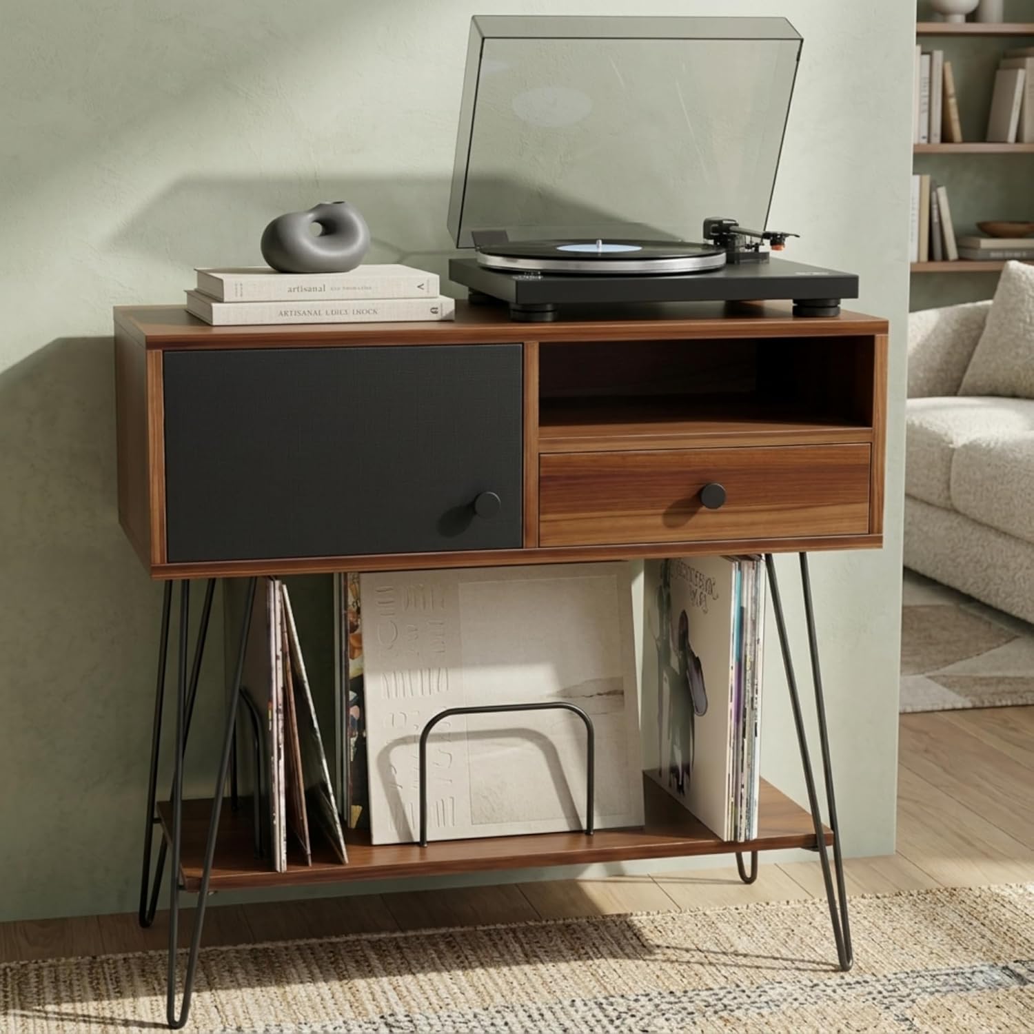 Large Mid Century Modern Record Player Stand with Vinyl Storage Holds Up to 200 Albums - Walnut Console Table for Turntables, Living Room, and Entryway | Record Player Table
