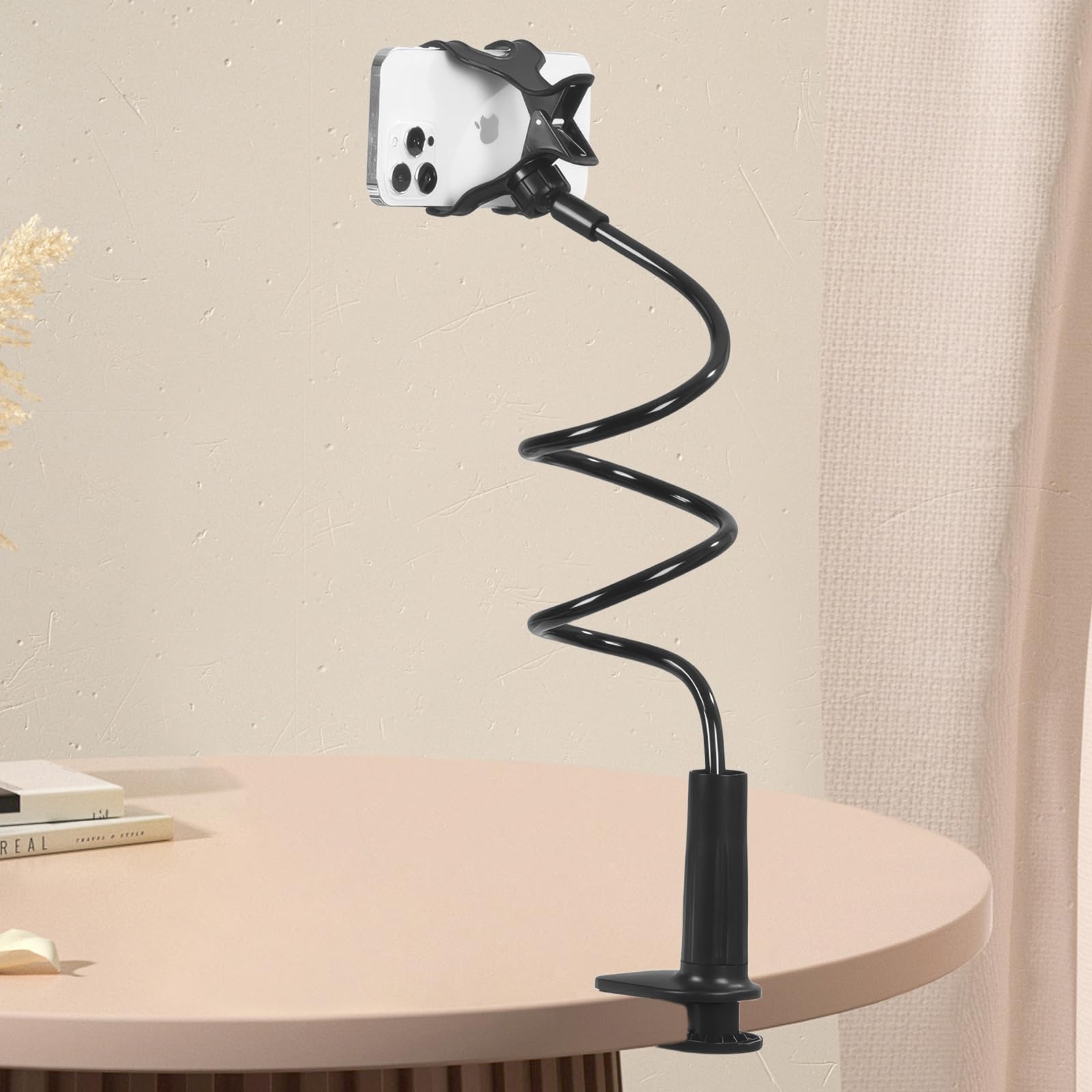 Support Téléphone pour Lit et Bureau, Flexible à Long Bras Porte Telephone Bureau Réglable 360°, Support Universel avec Pince pour pour Films et Appels (Blanc)