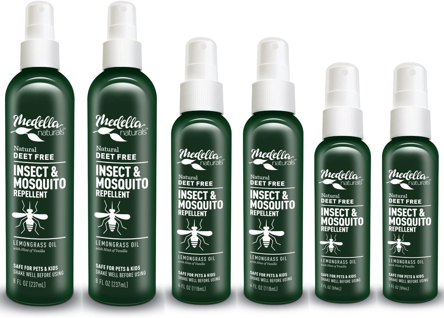 Medella Naturals Insect & Mosquito Repellent, DEET-Free All-Natural Formula, Kid and Pet Friendly, Made in the USA, Family 6-Pack, 2 oz., 4 oz., and 8 oz., 2 Bottles of Each