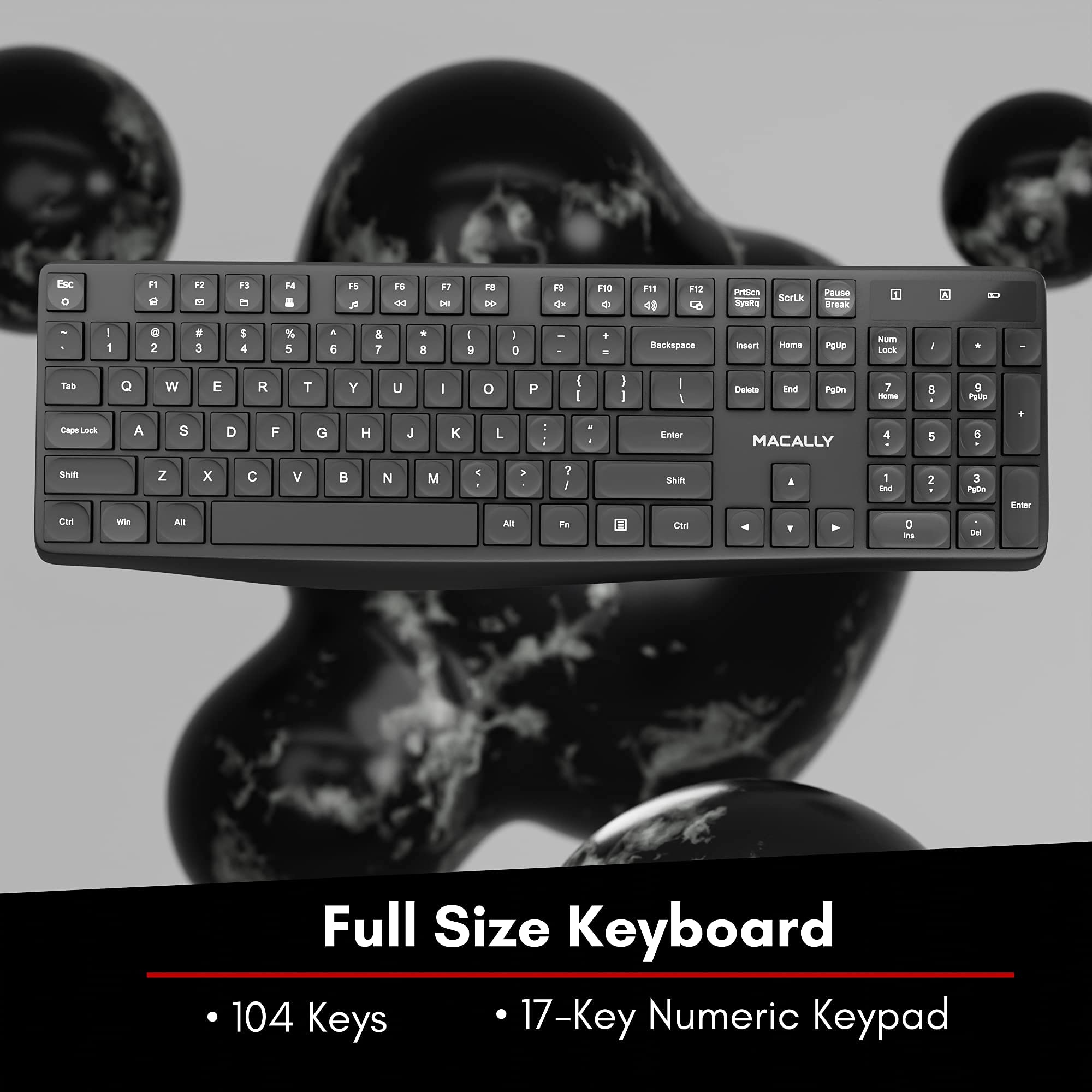 Macally 2.4G Wireless Keyboard FullSize Computer Keyboard with Numeric Keypad & 13 Shortcut