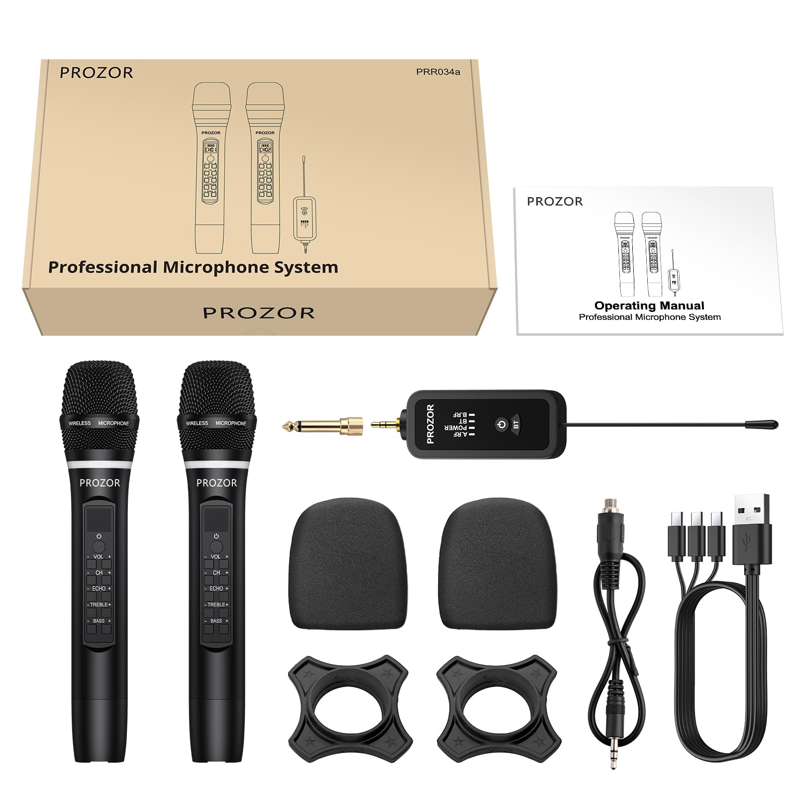 PROZOR Micrófono Inalámbrico UHF con Control de Eco de Graves Agudos de Volumen, Micrófono Karaoke Recargable Sistema de Micrófono Dinámico de Mano Dual con Receptor Recargable para Karaoke, DJ, Bodas