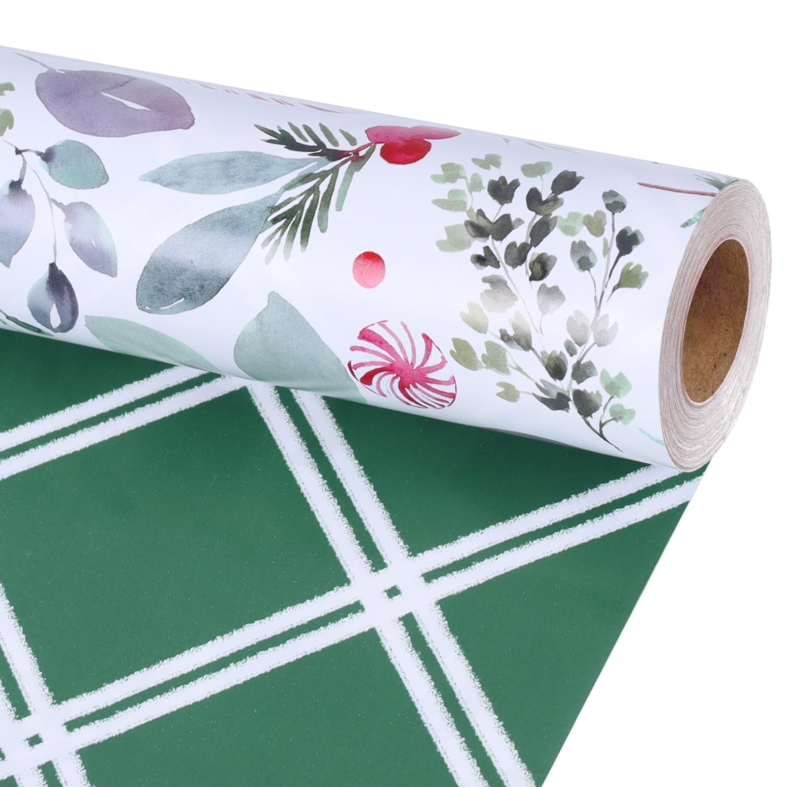 LaRibbons Vintage Christmas Wrapping Paper Roll, Reversible Gift Wrap with Holly Leaves, Red Berries, Candy Cane & Green Plaid Design, Double-Sided Xmas Wrapping Paper for Holiday, Season Party, 17 — image 1