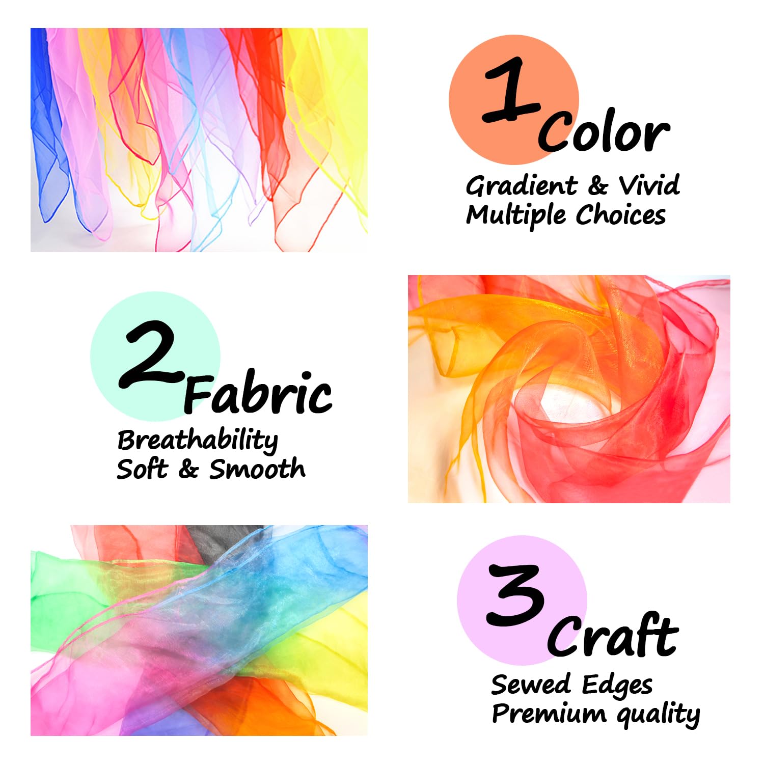 Novelty Place 12 Pcs Dance and Juggling Scarves - Gradient Colors Silk Square Scarf with Hemmed Edges - Easy Clean Ideal Performance Props Accessories(24