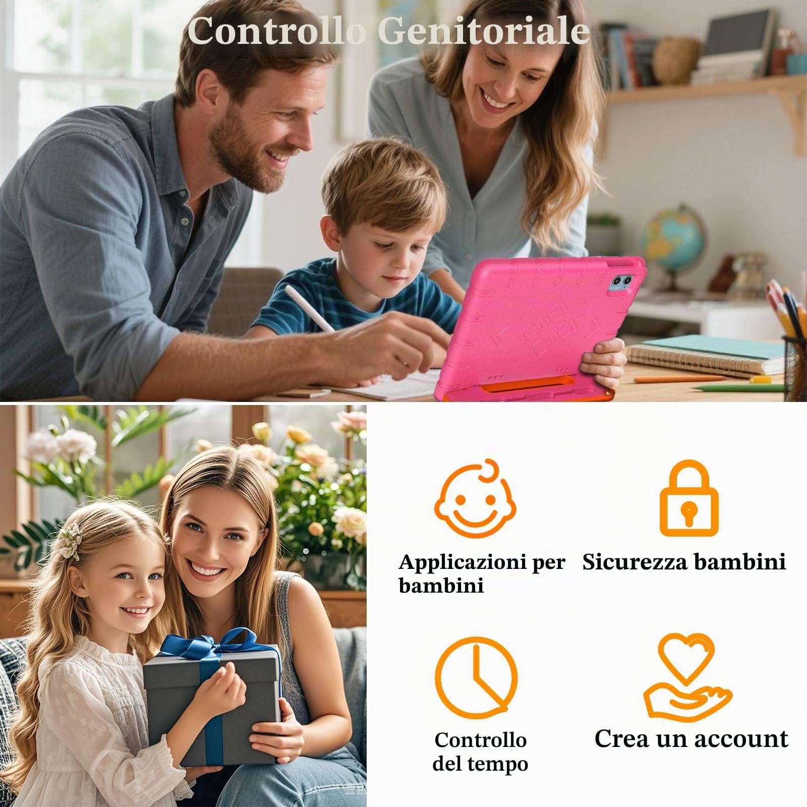 ZIOVO Tablet Bambini 10 Pollici Tablets Android 15, 30GB RAM+64GB ROM(TF 2TB), 5G WiFi Tablets,Gemini AI/Octa-Core/Widevine L1/Face ID/Parentale Controllo/6000 mAh/BT 5.0, Tablet con Eva Caso - Rosa