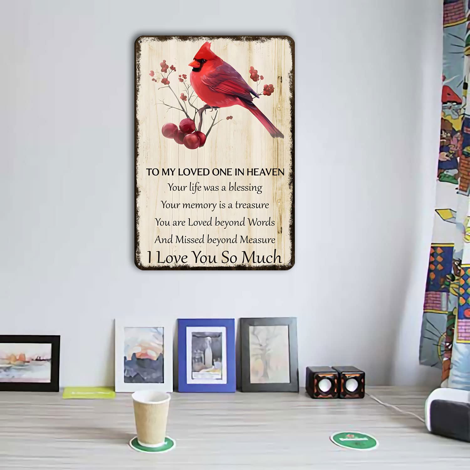 Aenaon Targa In Latta Vintage 20x30 Cm - Uccello Cardinale Con Scritta 'To My Loved One In Heaven'