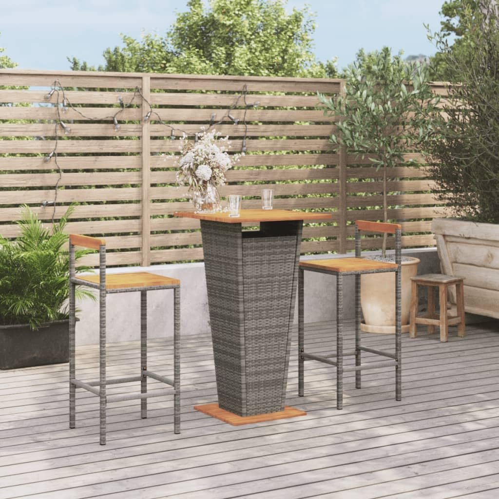 Patio Set 3 Piece Patio Bar Set Gray Poly Rattan&Solid Wood Acacia