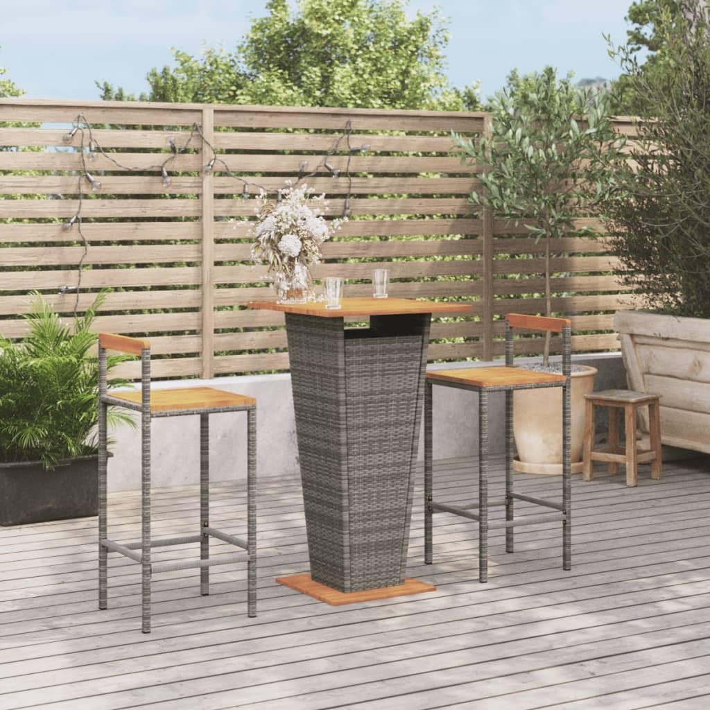 Table haute de jardin 2 tabourets avec repose-pieds en polyrotin extérieur et bois