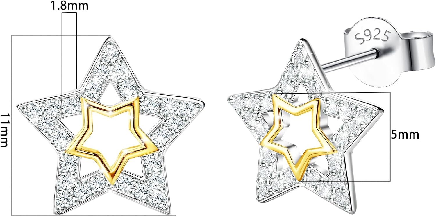 Sterling Silver Star Stud Earrings - Hypoallergenic Two-Tone Star-Shaped Earrings for Women Cubic Zirconia Lightweight Stars Post Earrings for Sensitive Ears Gifts for Birthday Christmas - Image 6