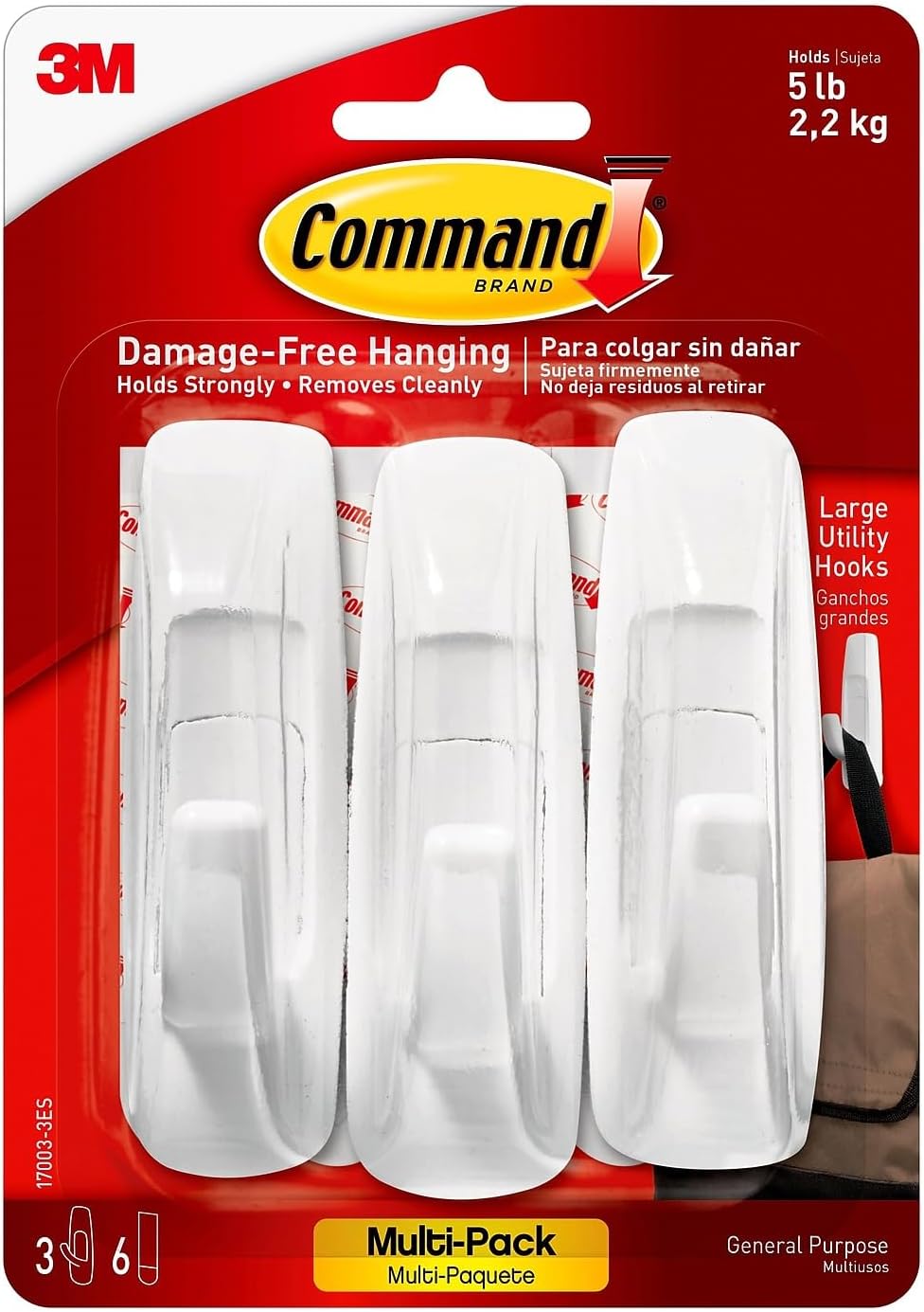 Command Large Utility Hooks, White, Damage Free Hanging of Dorm Room Decorations, 3 Command Hooks, 6 Command Strips, 36/Carton17003-VP-3PKVS